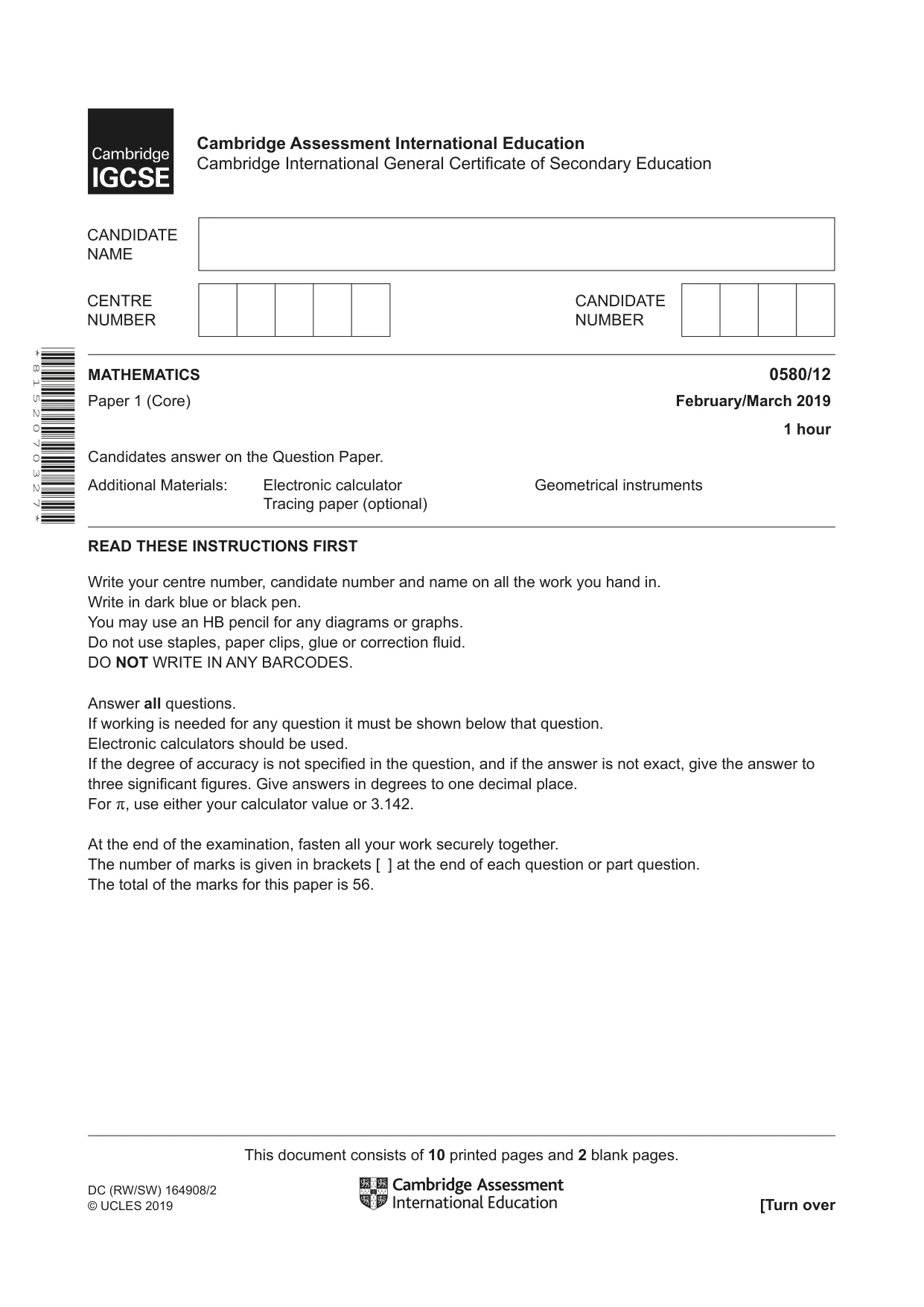 Cambridge IGCSE Mathematics 0580 2019 Feb/March Paper 1 · Variant 2 question paper, page 1 of 12
