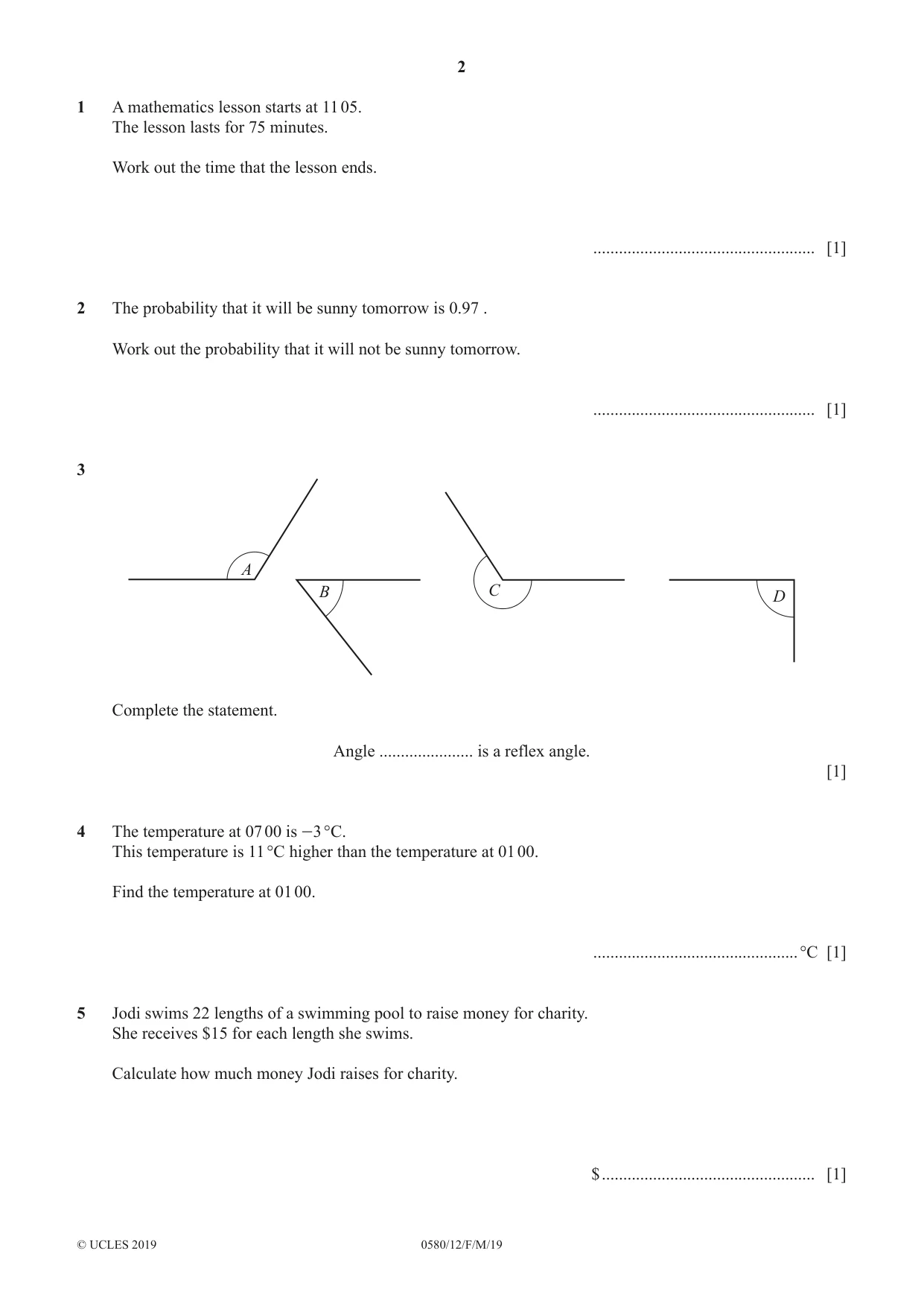 Cambridge IGCSE Mathematics 0580 2019 Feb/March Paper 1 · Variant 2 question paper, page 2 of 12