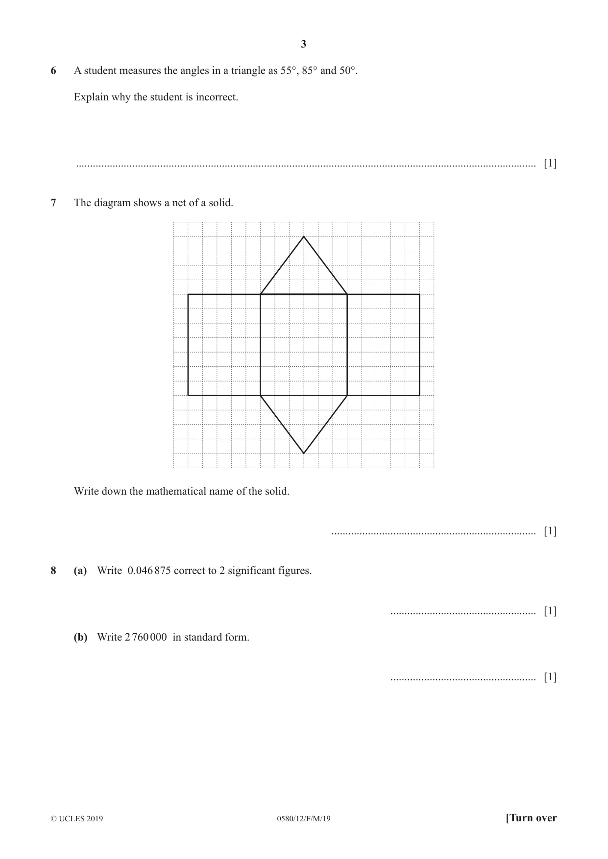 Cambridge IGCSE Mathematics 0580 2019 Feb/March Paper 1 · Variant 2 question paper, page 3 of 12