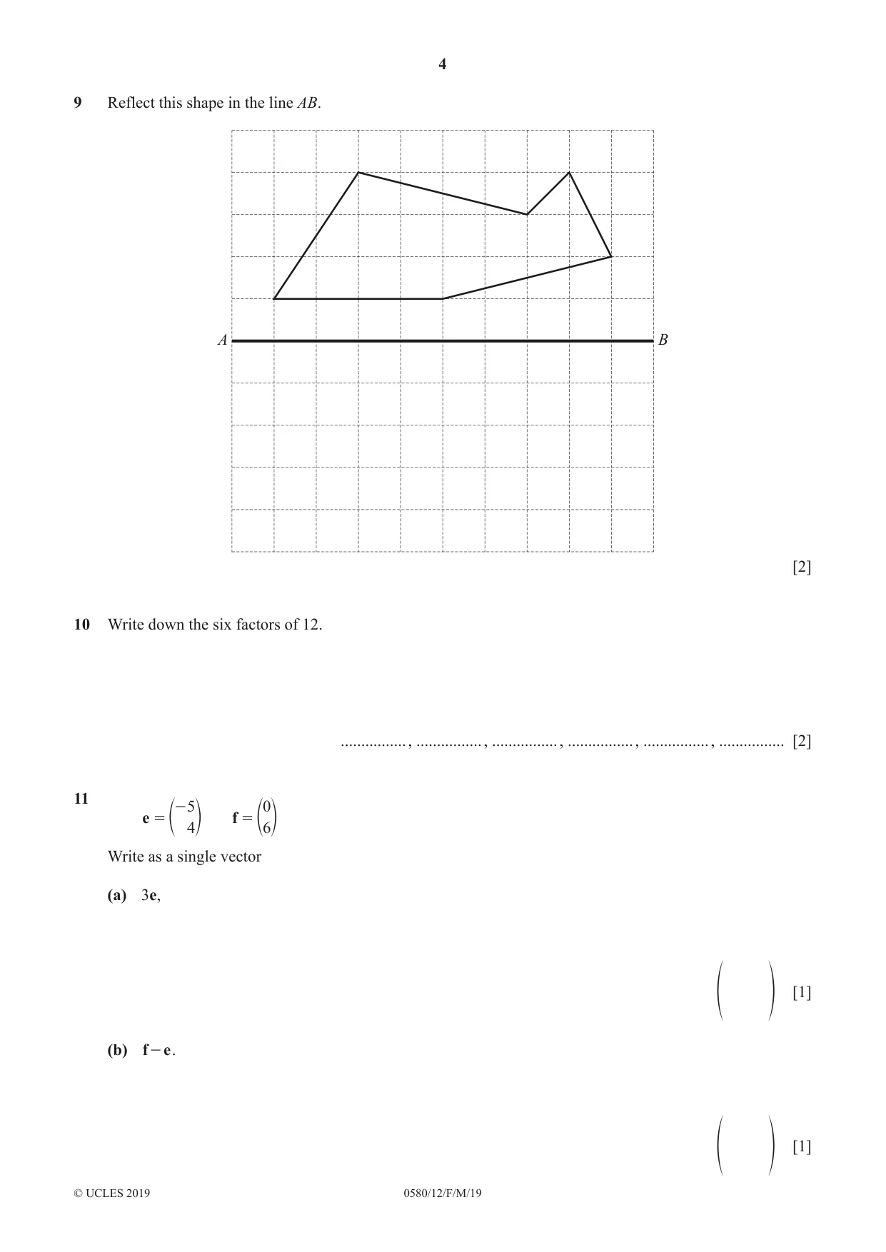 Cambridge IGCSE Mathematics 0580 2019 Feb/March Paper 1 · Variant 2 question paper, page 4 of 12