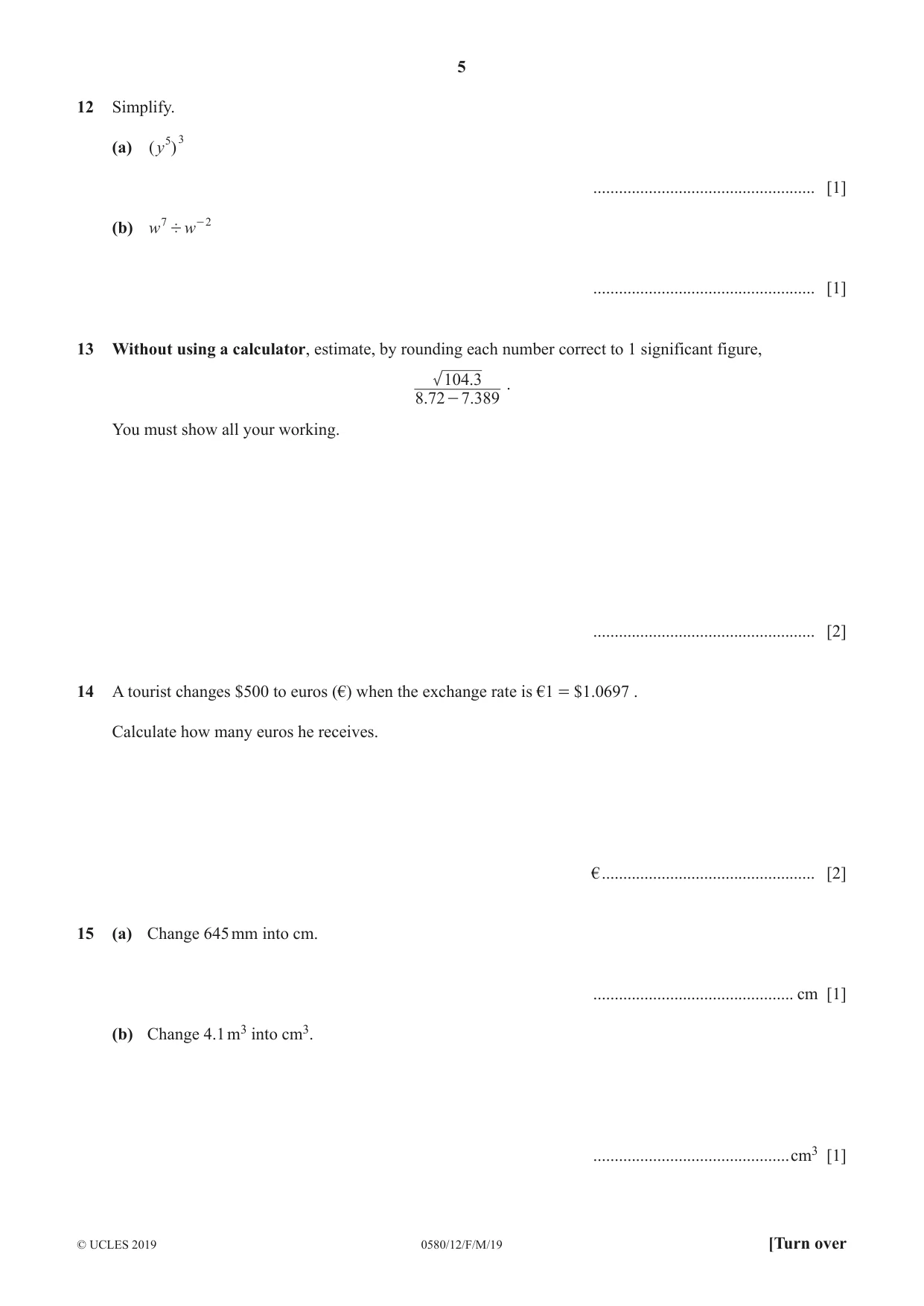Cambridge IGCSE Mathematics 0580 2019 Feb/March Paper 1 · Variant 2 question paper, page 5 of 12
