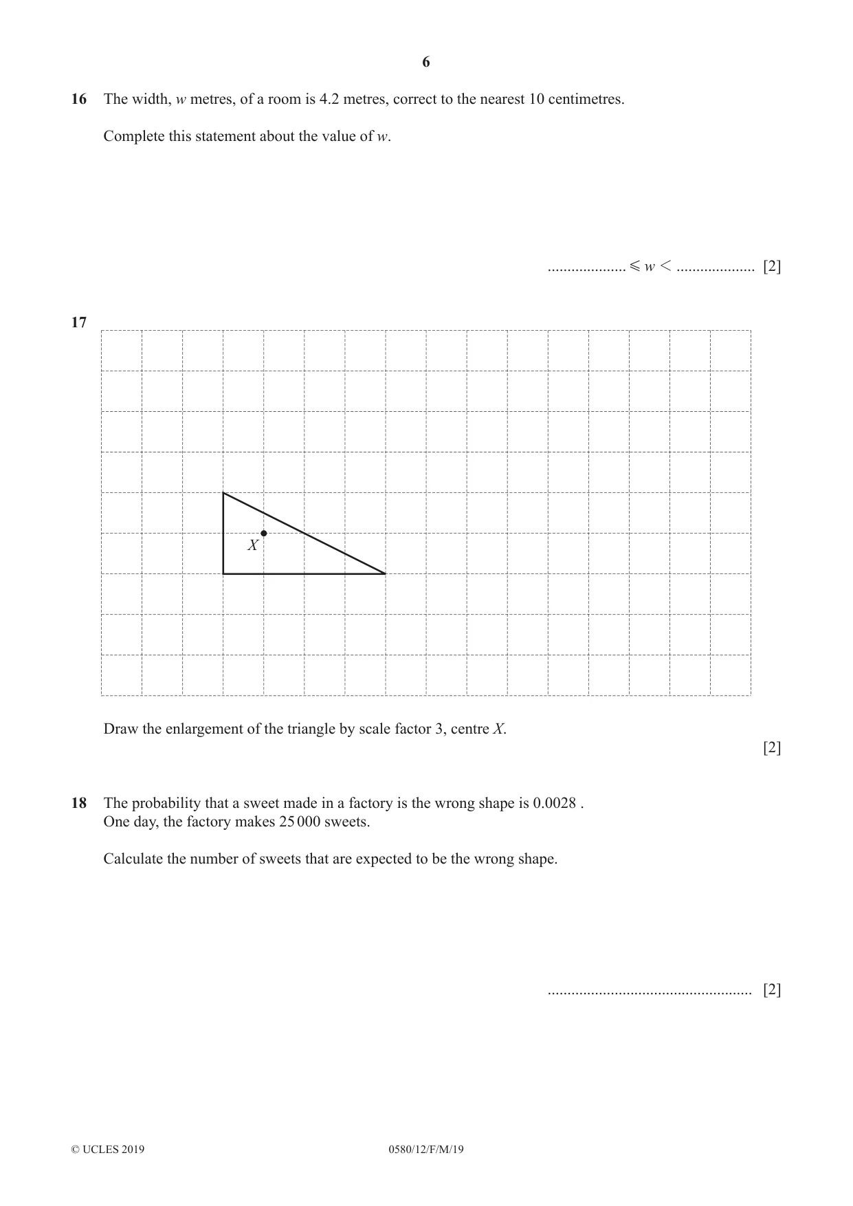 Cambridge IGCSE Mathematics 0580 2019 Feb/March Paper 1 · Variant 2 question paper, page 6 of 12