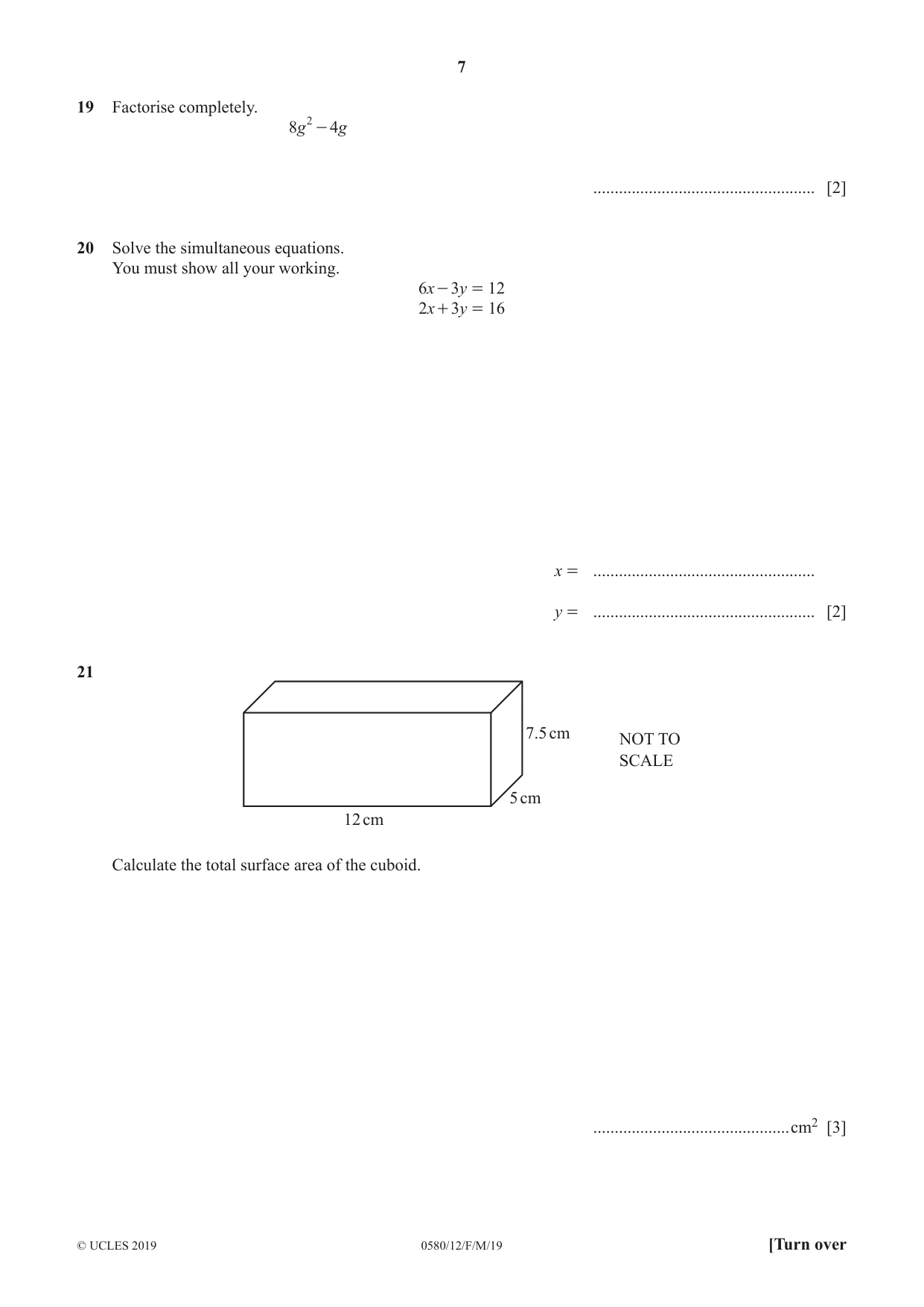 Cambridge IGCSE Mathematics 0580 2019 Feb/March Paper 1 · Variant 2 question paper, page 7 of 12