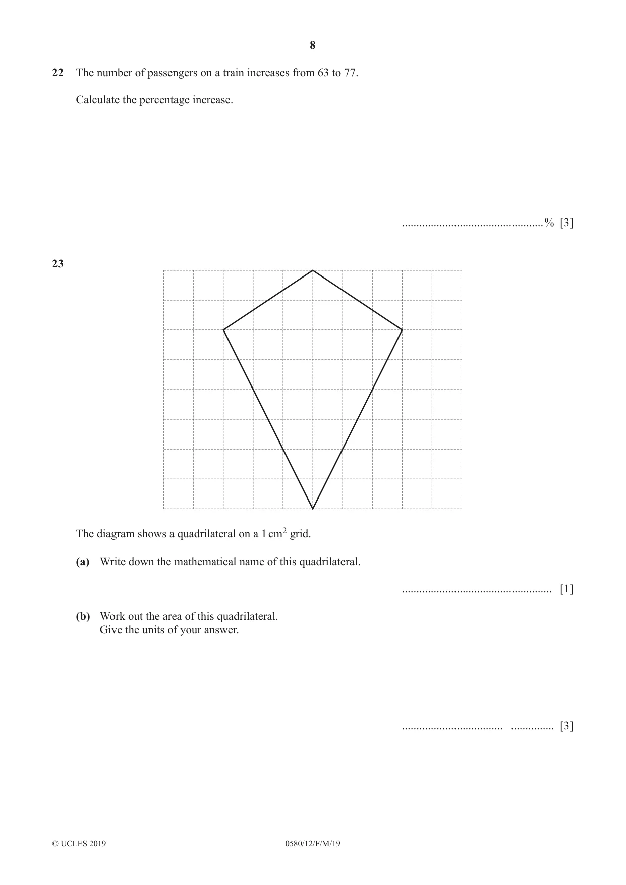 Cambridge IGCSE Mathematics 0580 2019 Feb/March Paper 1 · Variant 2 question paper, page 8 of 12