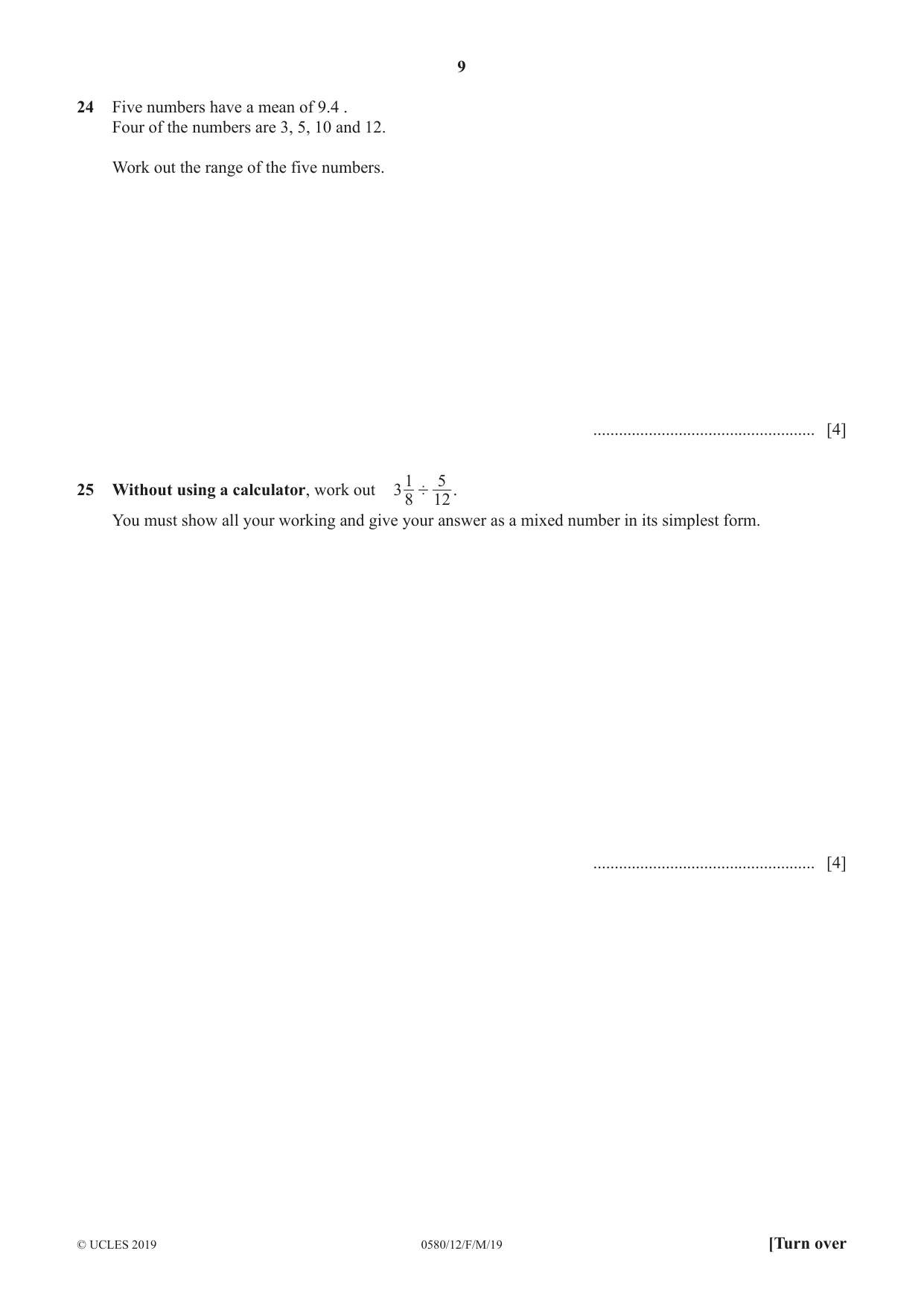 Cambridge IGCSE Mathematics 0580 2019 Feb/March Paper 1 · Variant 2 question paper, page 9 of 12
