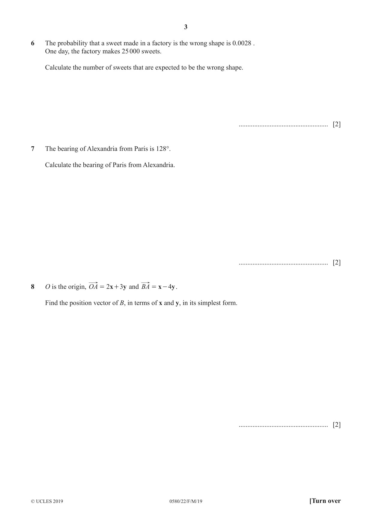 Cambridge IGCSE Mathematics 0580 2019 Feb/March Paper 2 · Variant 2 question paper, page 3 of 12