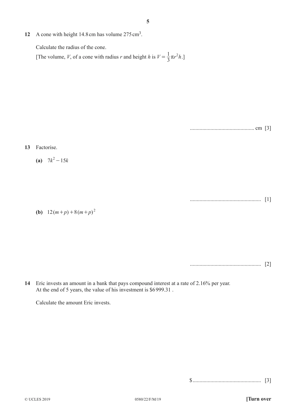 Cambridge IGCSE Mathematics 0580 2019 Feb/March Paper 2 · Variant 2 question paper, page 5 of 12