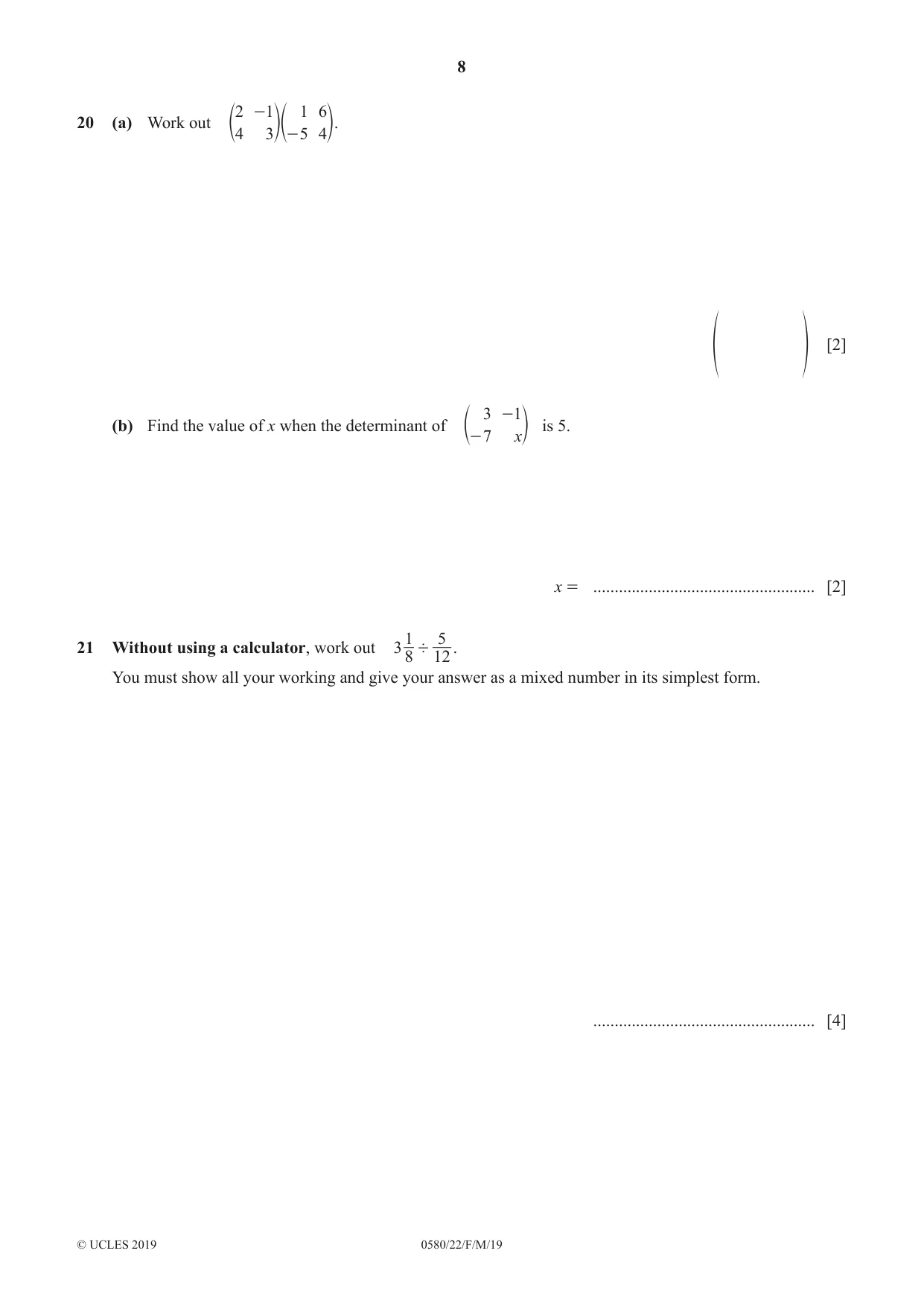Cambridge IGCSE Mathematics 0580 2019 Feb/March Paper 2 · Variant 2 question paper, page 8 of 12
