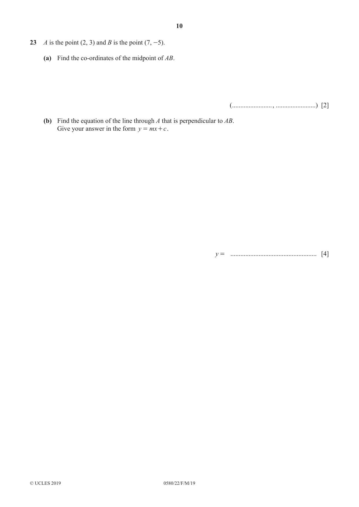 Cambridge IGCSE Mathematics 0580 2019 Feb/March Paper 2 · Variant 2 question paper, page 10 of 12