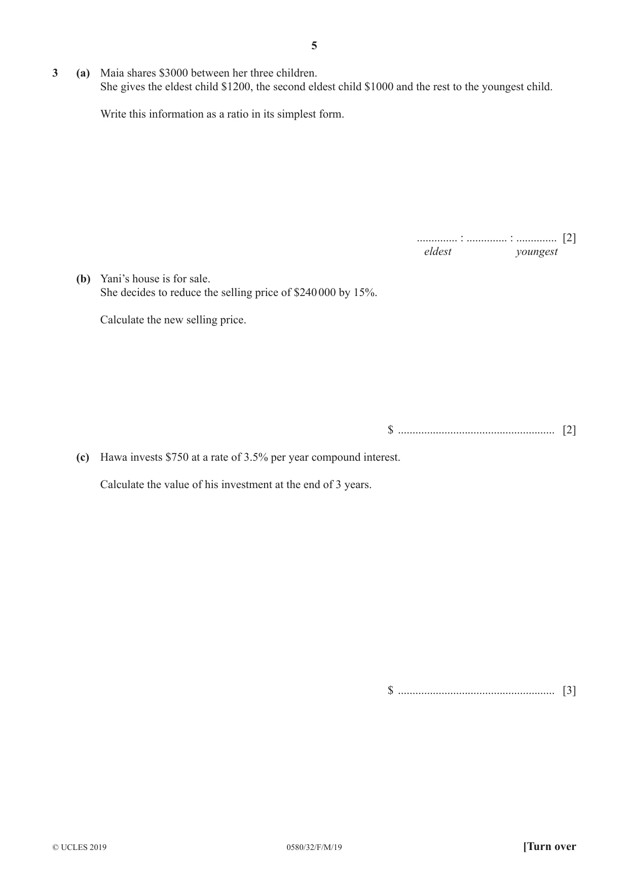 Cambridge IGCSE Mathematics 0580 2019 Feb/March Paper 3 · Variant 2 question paper, page 5 of 20