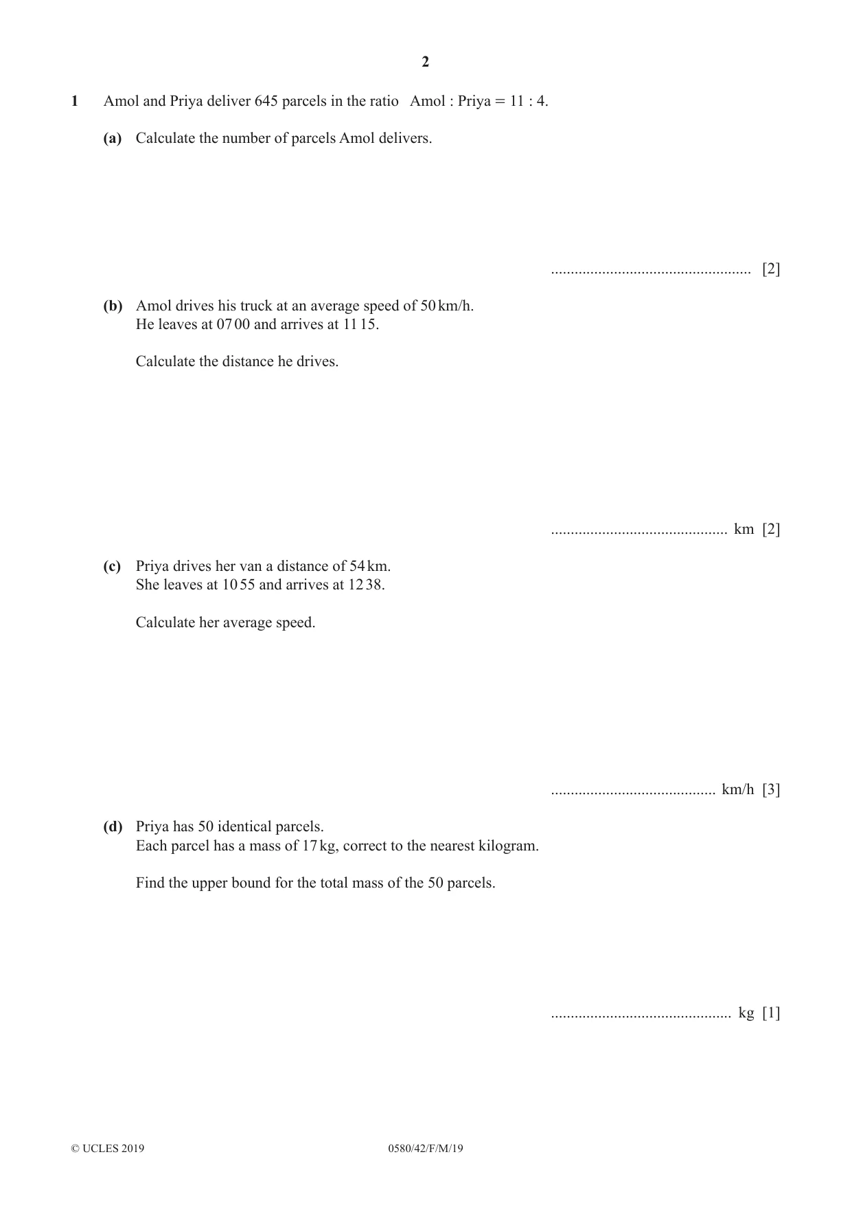 Cambridge IGCSE Mathematics 0580 2019 Feb/March Paper 4 · Variant 2 question paper, page 2 of 20