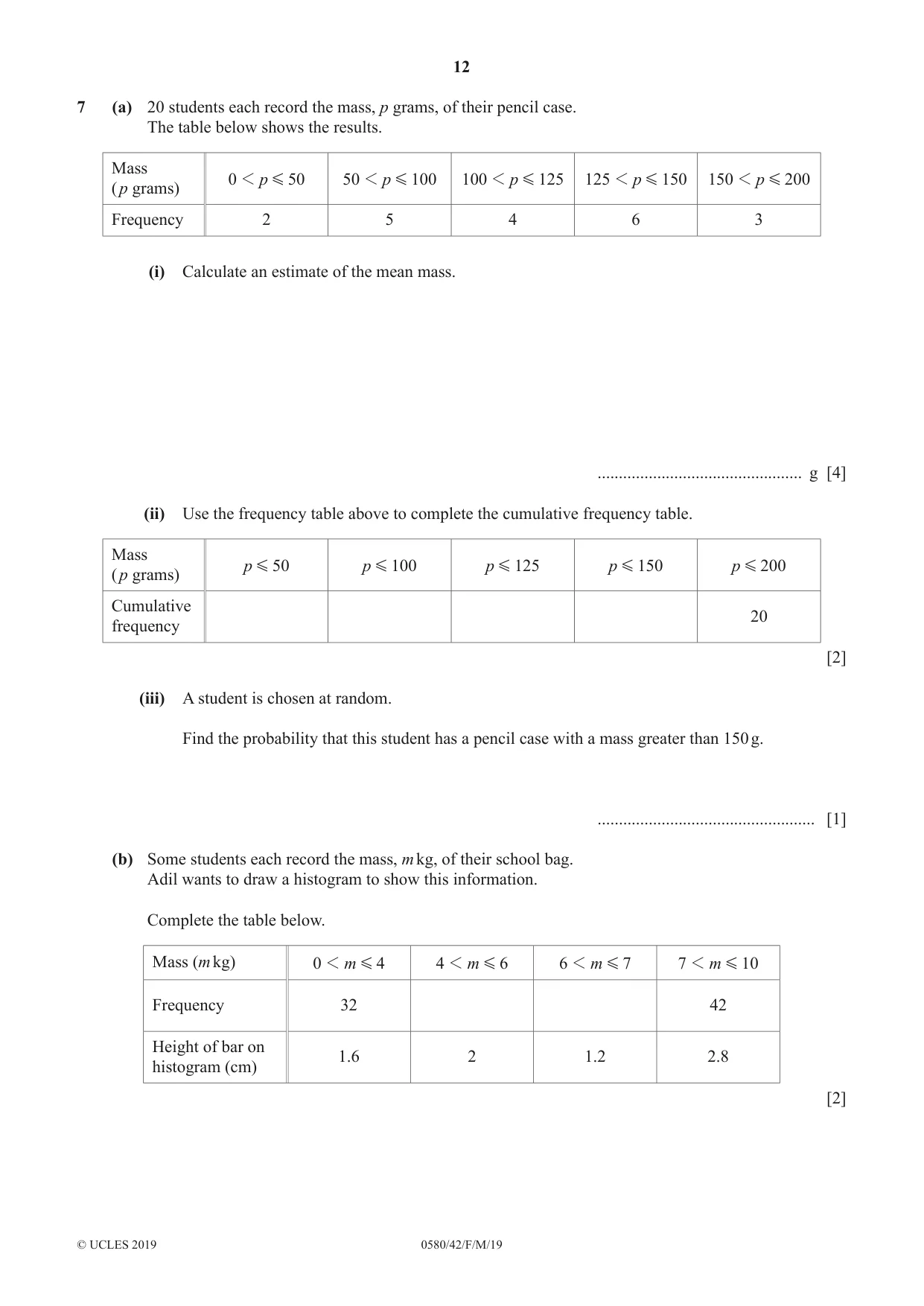 Cambridge IGCSE Mathematics 0580 2019 Feb/March Paper 4 · Variant 2 question paper, page 12 of 20