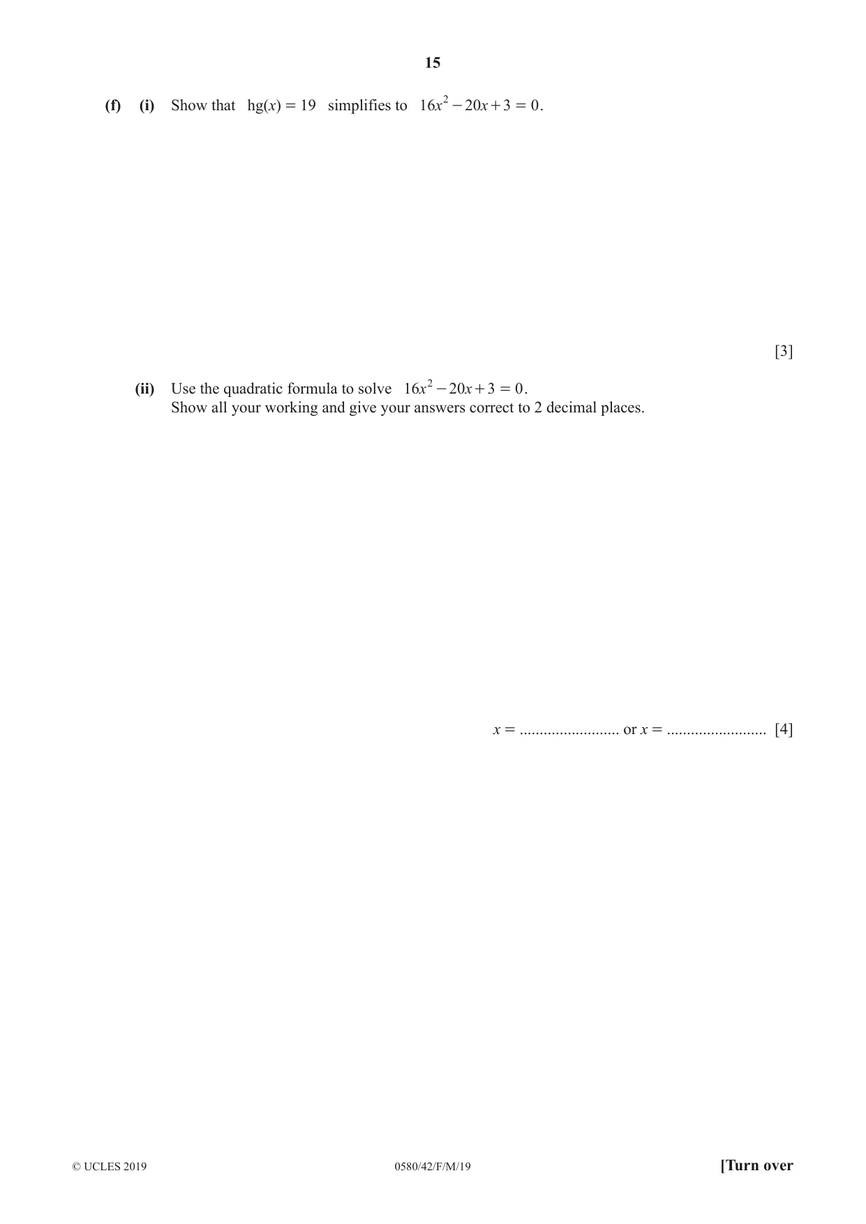 Cambridge IGCSE Mathematics 0580 2019 Feb/March Paper 4 · Variant 2 question paper, page 15 of 20
