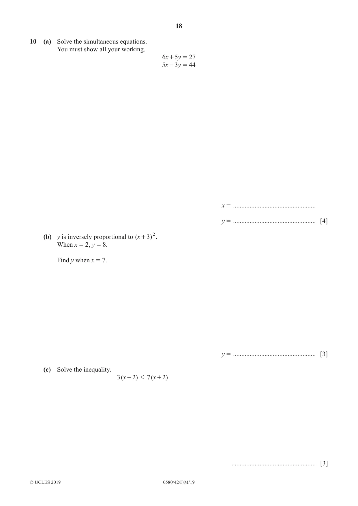 Cambridge IGCSE Mathematics 0580 2019 Feb/March Paper 4 · Variant 2 question paper, page 18 of 20