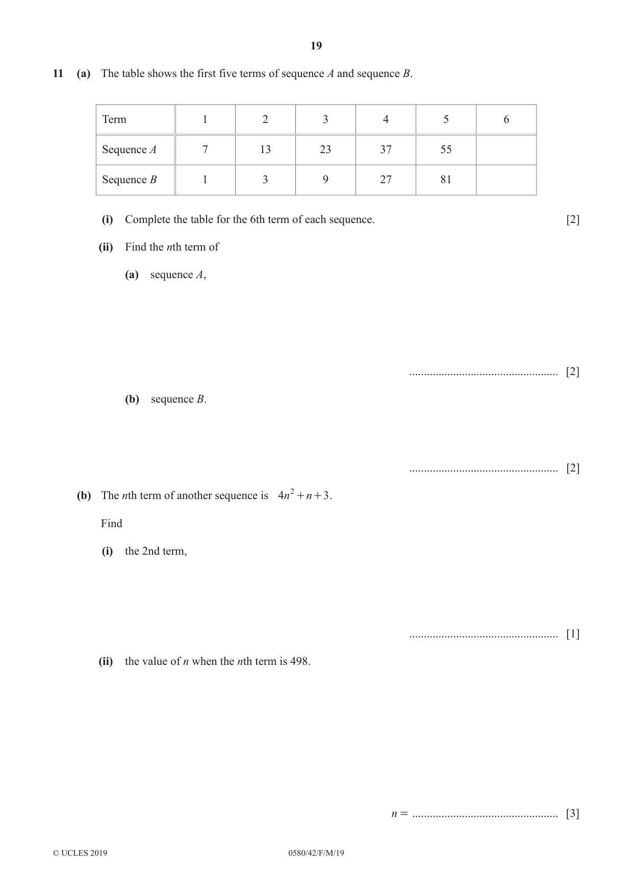 Cambridge IGCSE Mathematics 0580 2019 Feb/March Paper 4 · Variant 2 question paper, page 19 of 20