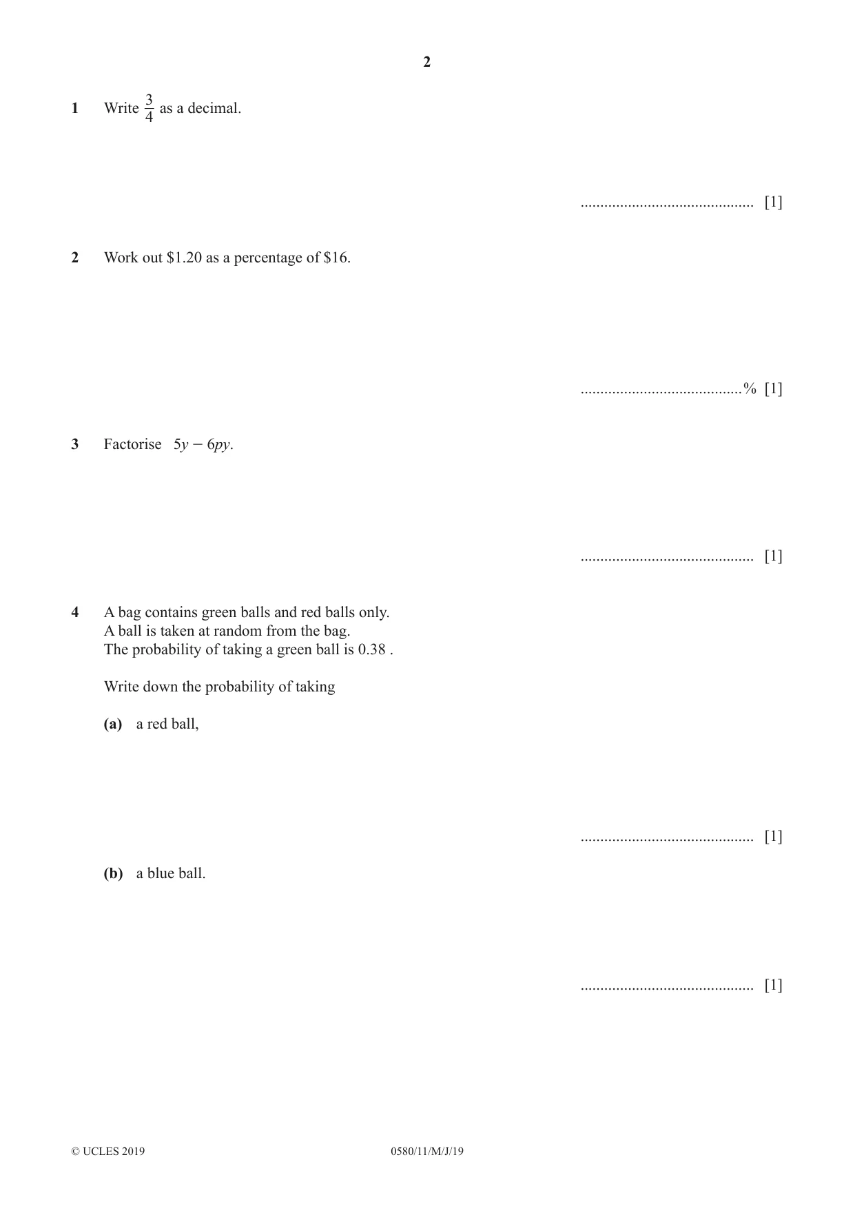 Cambridge IGCSE Mathematics 0580 2019 May/June Paper 1 · Variant 1 question paper, page 2 of 12