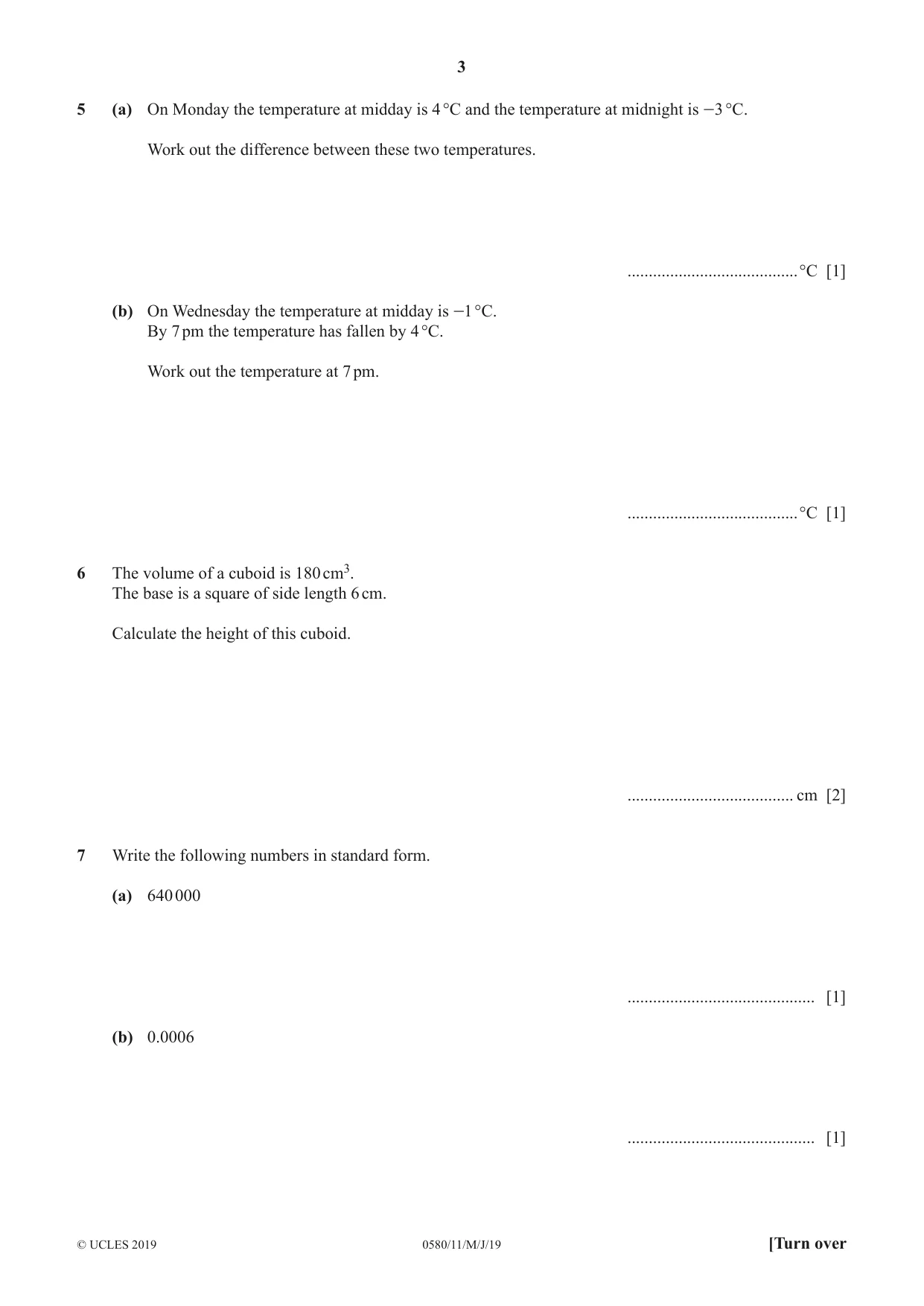 Cambridge IGCSE Mathematics 0580 2019 May/June Paper 1 · Variant 1 question paper, page 3 of 12