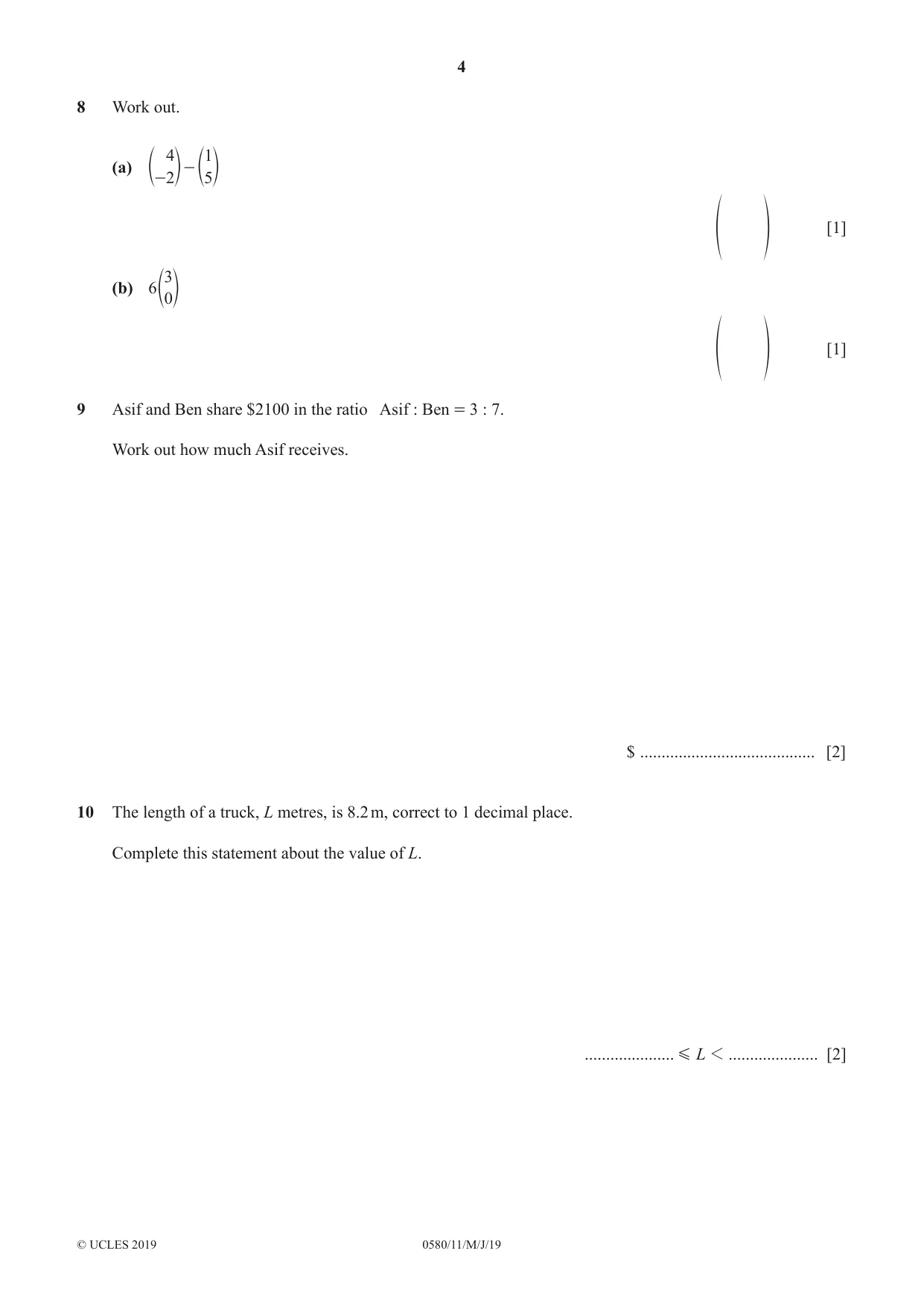 Cambridge IGCSE Mathematics 0580 2019 May/June Paper 1 · Variant 1 question paper, page 4 of 12