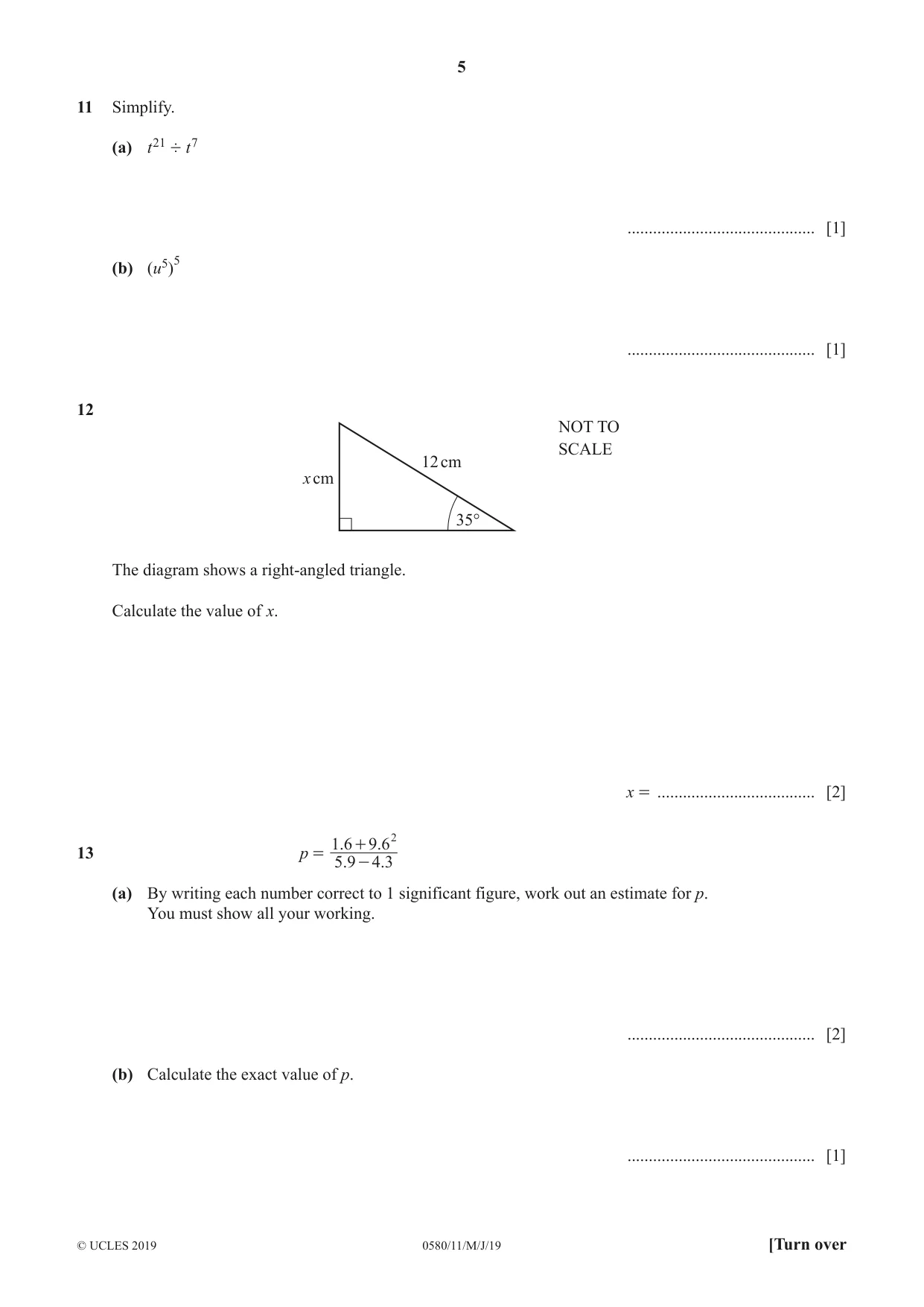 Cambridge IGCSE Mathematics 0580 2019 May/June Paper 1 · Variant 1 question paper, page 5 of 12