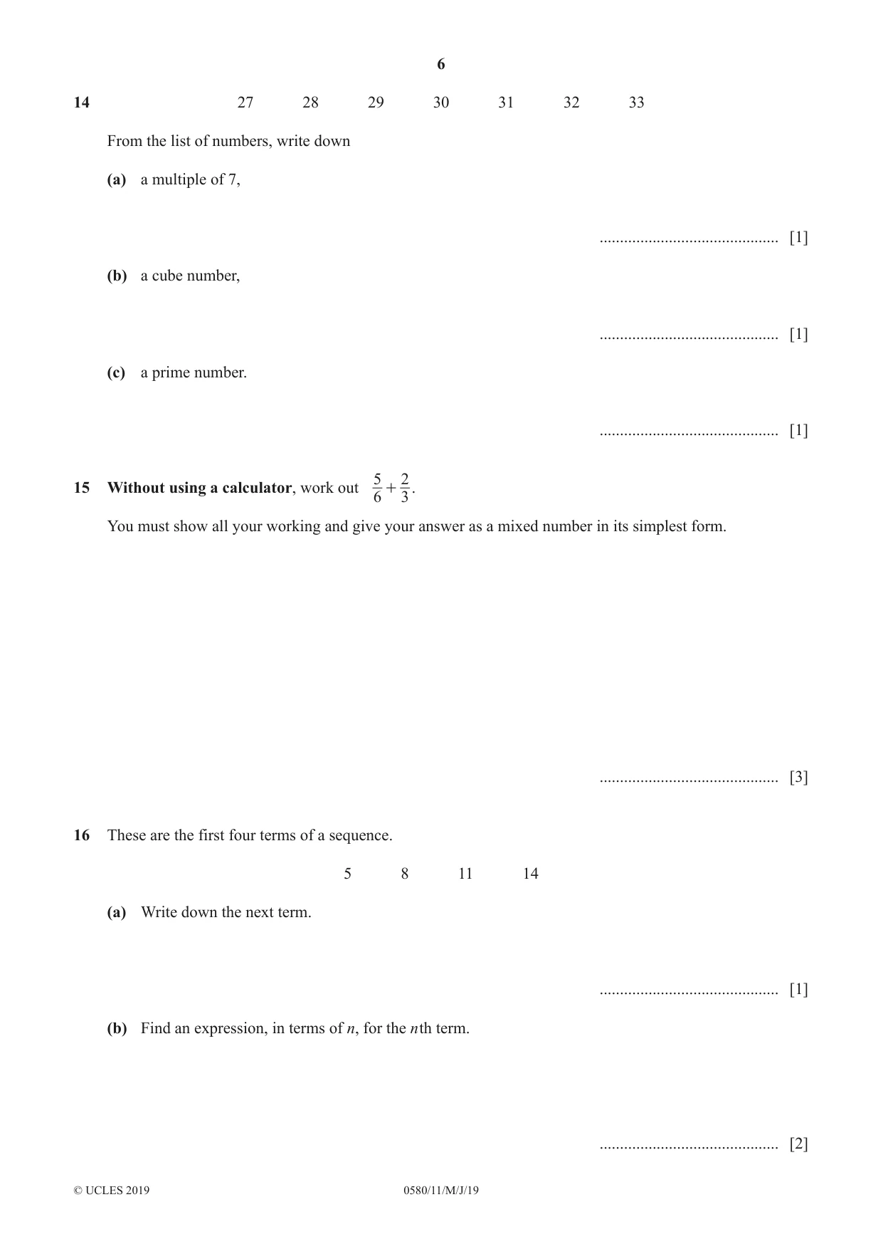 Cambridge IGCSE Mathematics 0580 2019 May/June Paper 1 · Variant 1 question paper, page 6 of 12