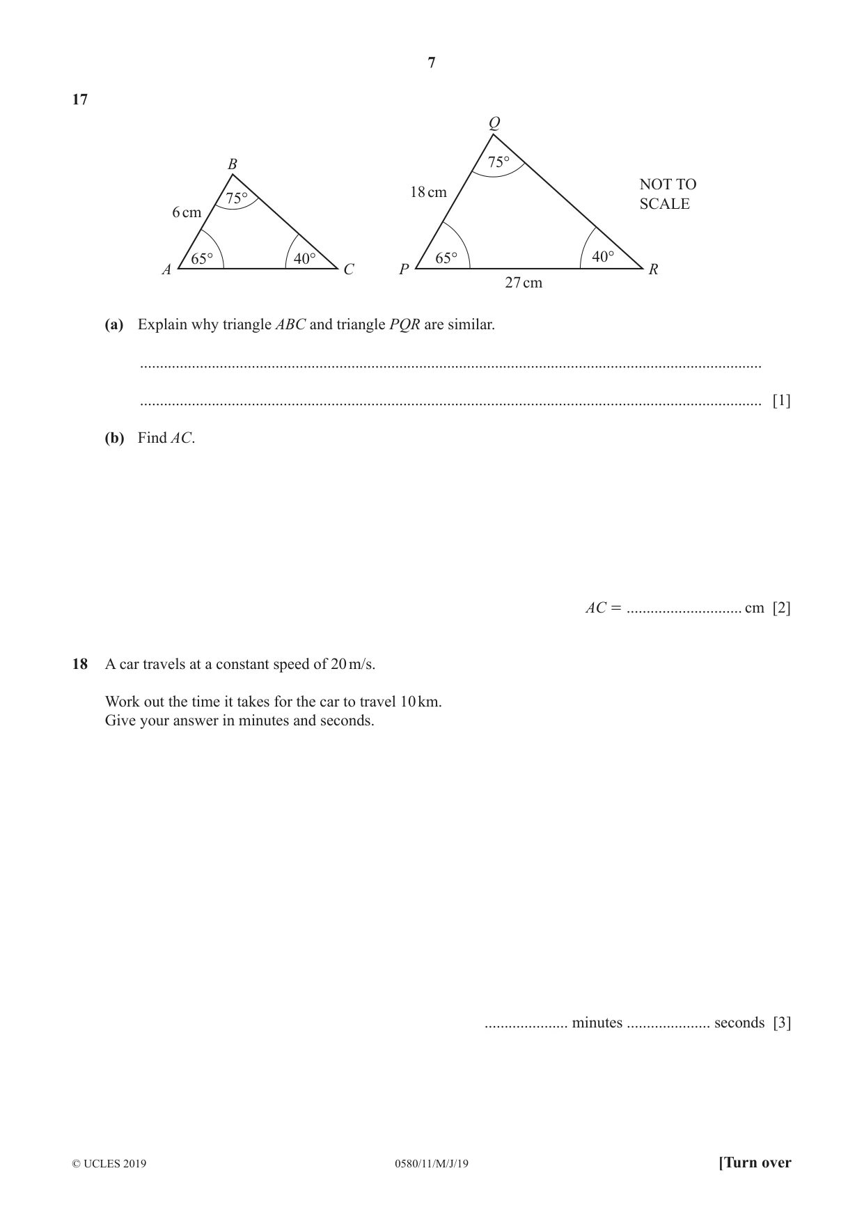 Cambridge IGCSE Mathematics 0580 2019 May/June Paper 1 · Variant 1 question paper, page 7 of 12