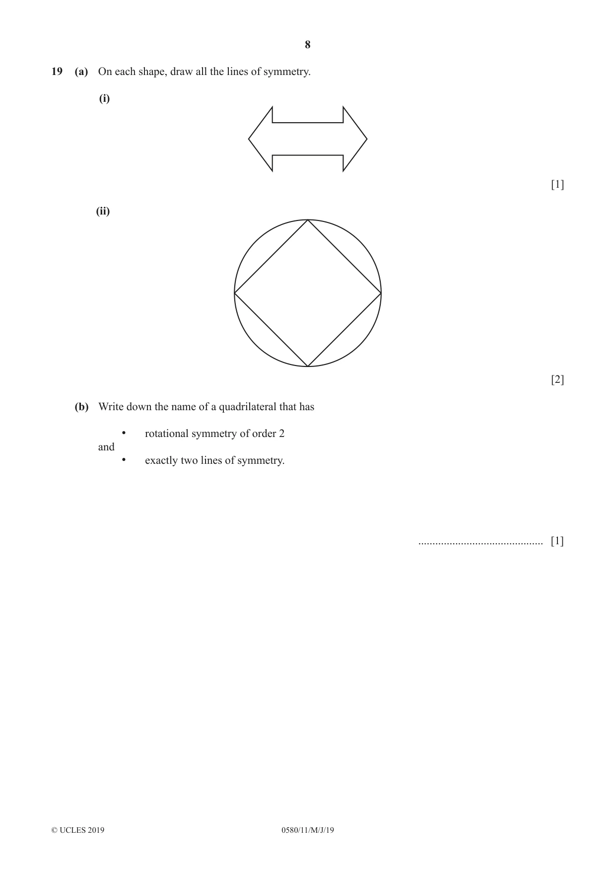 Cambridge IGCSE Mathematics 0580 2019 May/June Paper 1 · Variant 1 question paper, page 8 of 12