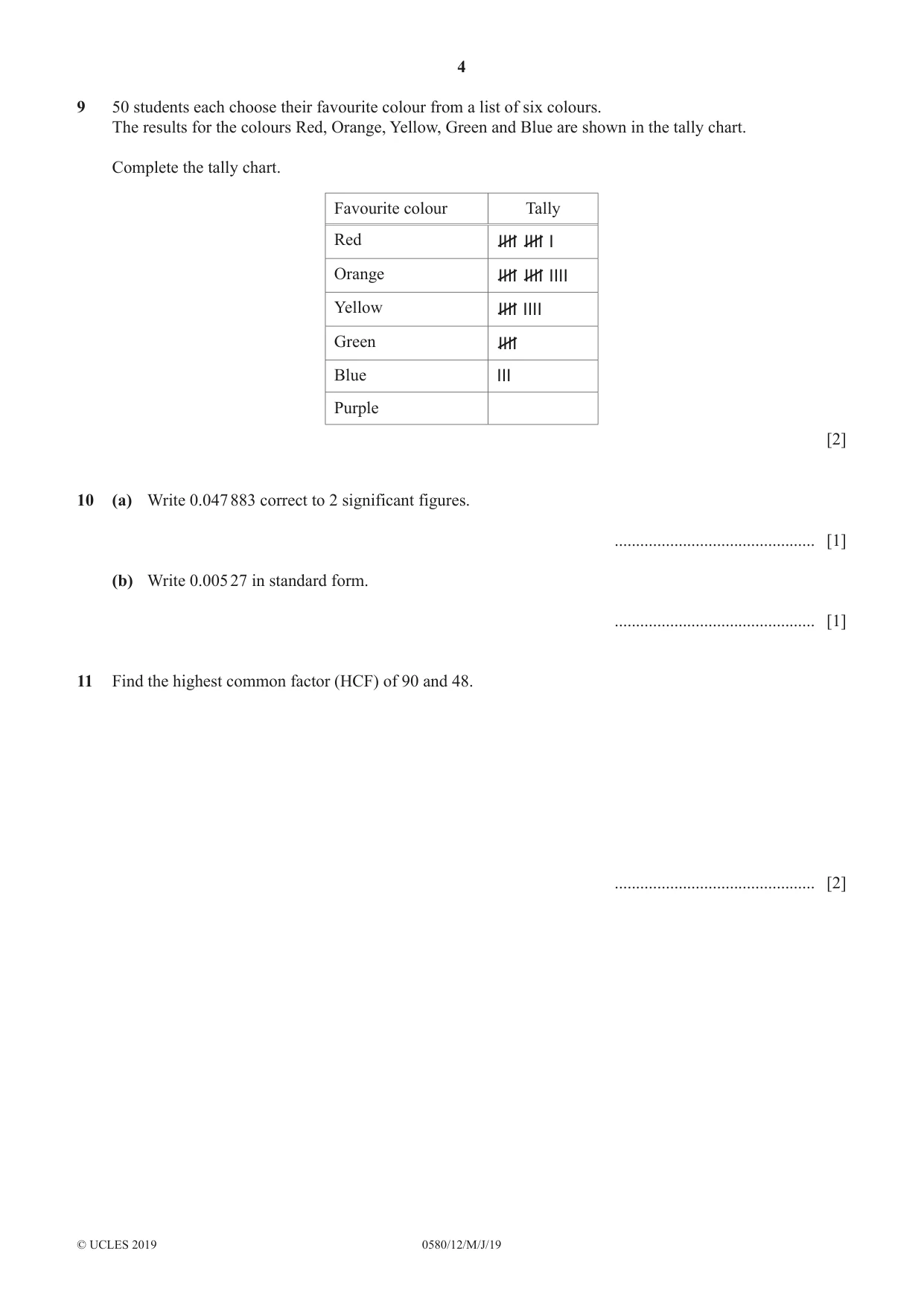 Cambridge IGCSE Mathematics 0580 2019 May/June Paper 1 · Variant 2 question paper, page 4 of 12