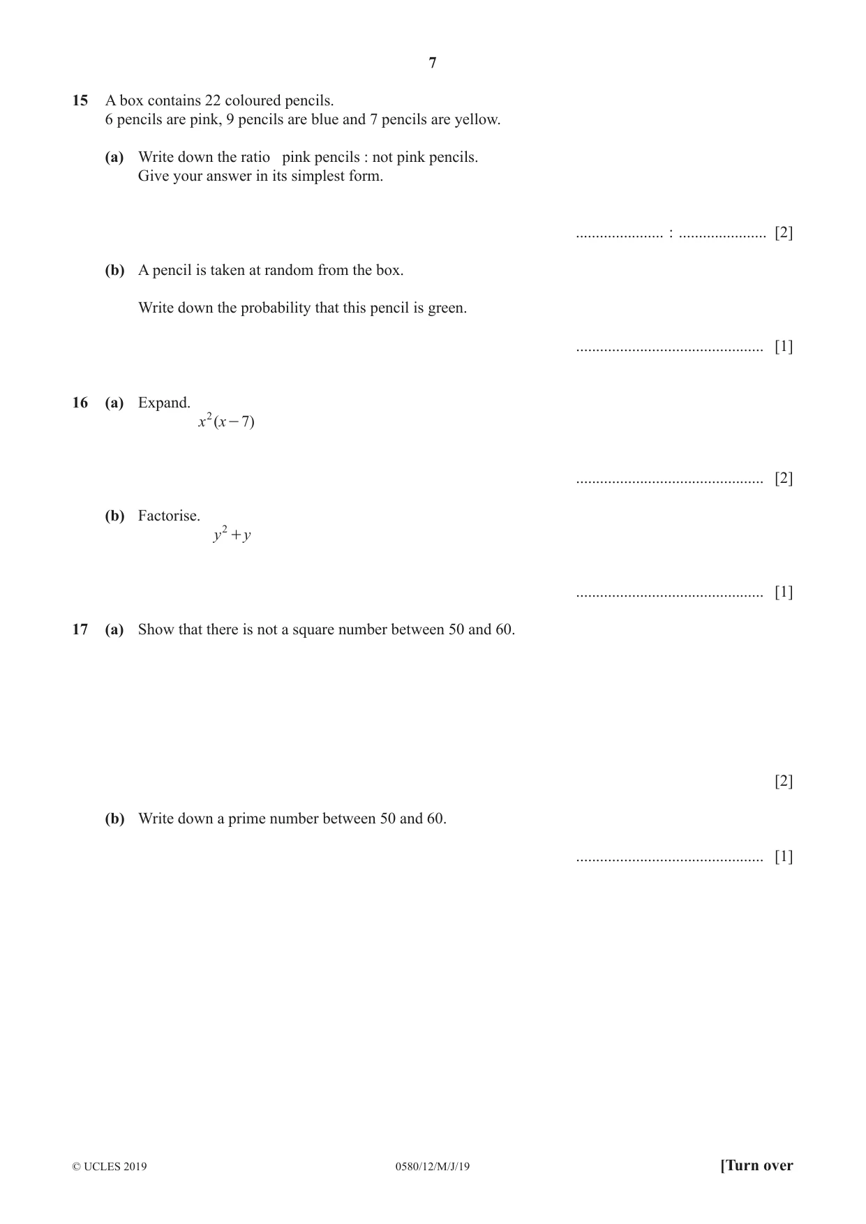 Cambridge IGCSE Mathematics 0580 2019 May/June Paper 1 · Variant 2 question paper, page 7 of 12