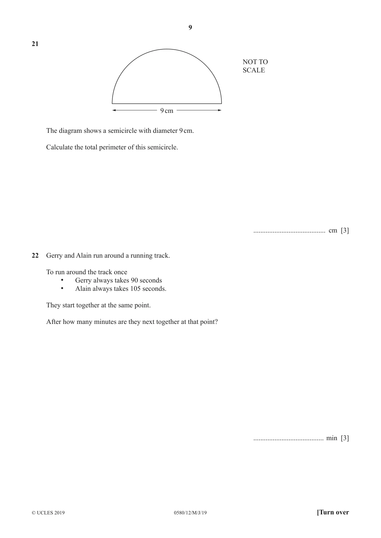 Cambridge IGCSE Mathematics 0580 2019 May/June Paper 1 · Variant 2 question paper, page 9 of 12