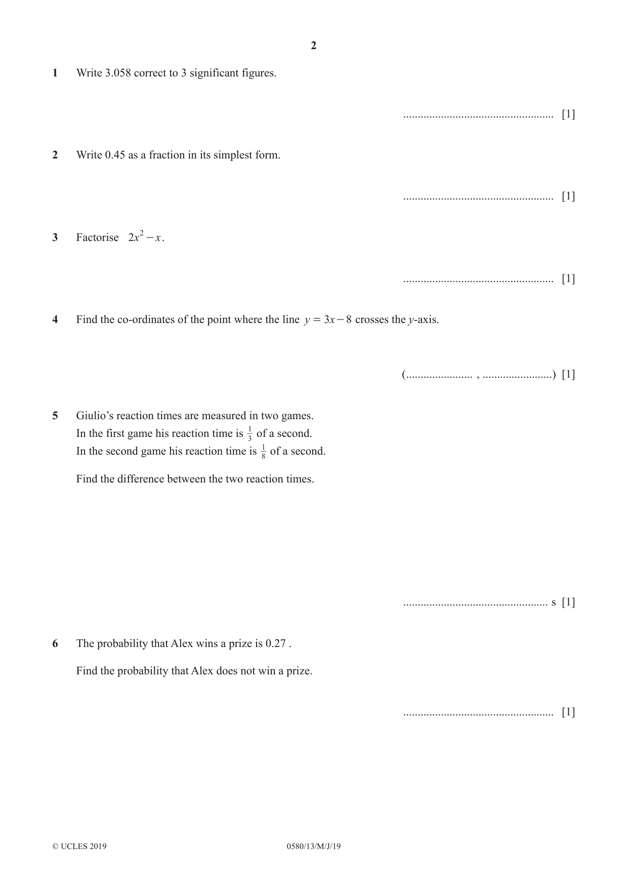 Cambridge IGCSE Mathematics 0580 2019 May/June Paper 1 · Variant 3 question paper, page 2 of 12