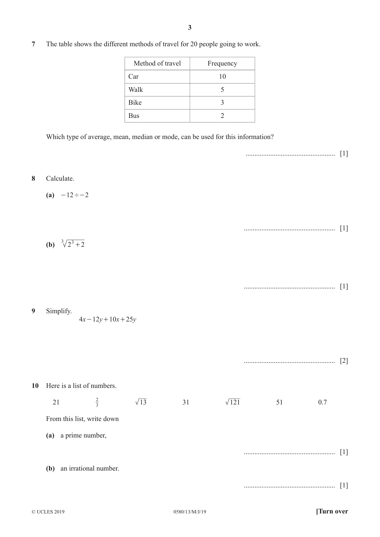 Cambridge IGCSE Mathematics 0580 2019 May/June Paper 1 · Variant 3 question paper, page 3 of 12