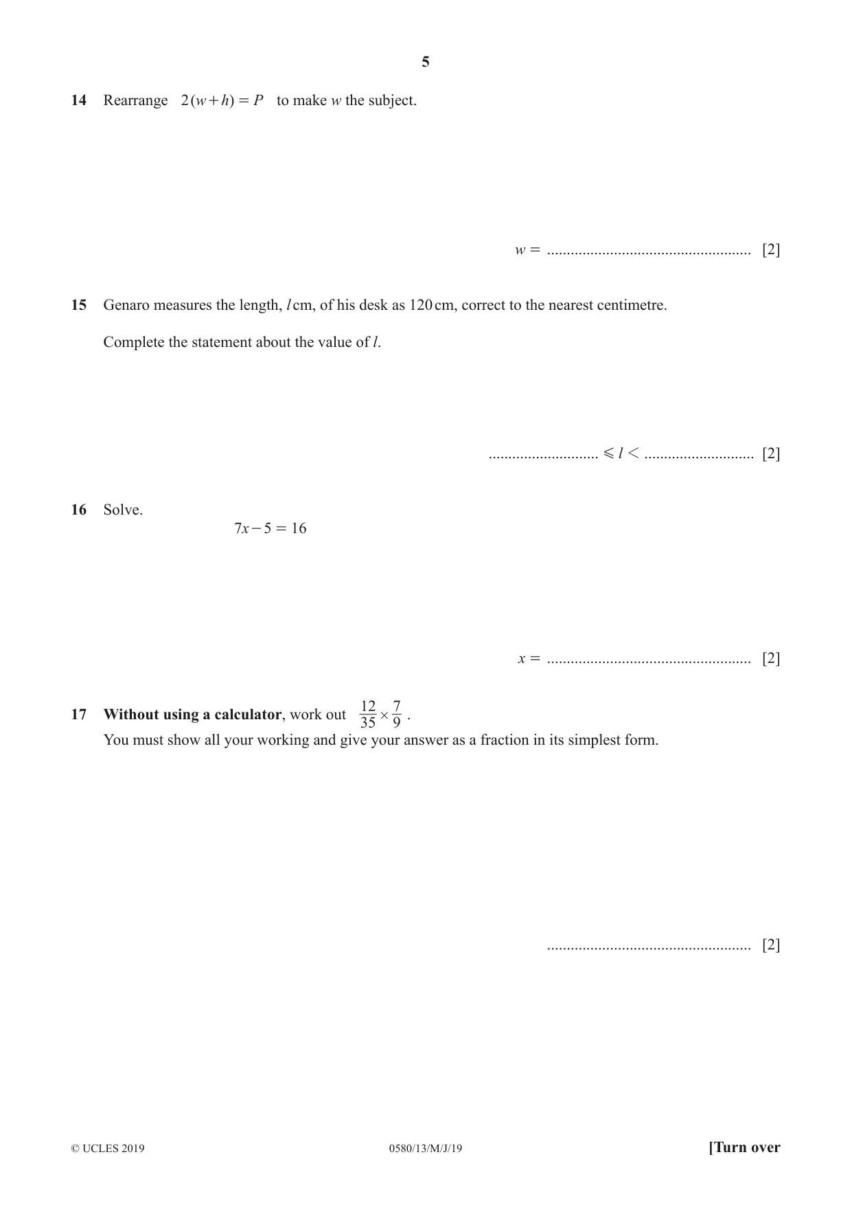 Cambridge IGCSE Mathematics 0580 2019 May/June Paper 1 · Variant 3 question paper, page 5 of 12