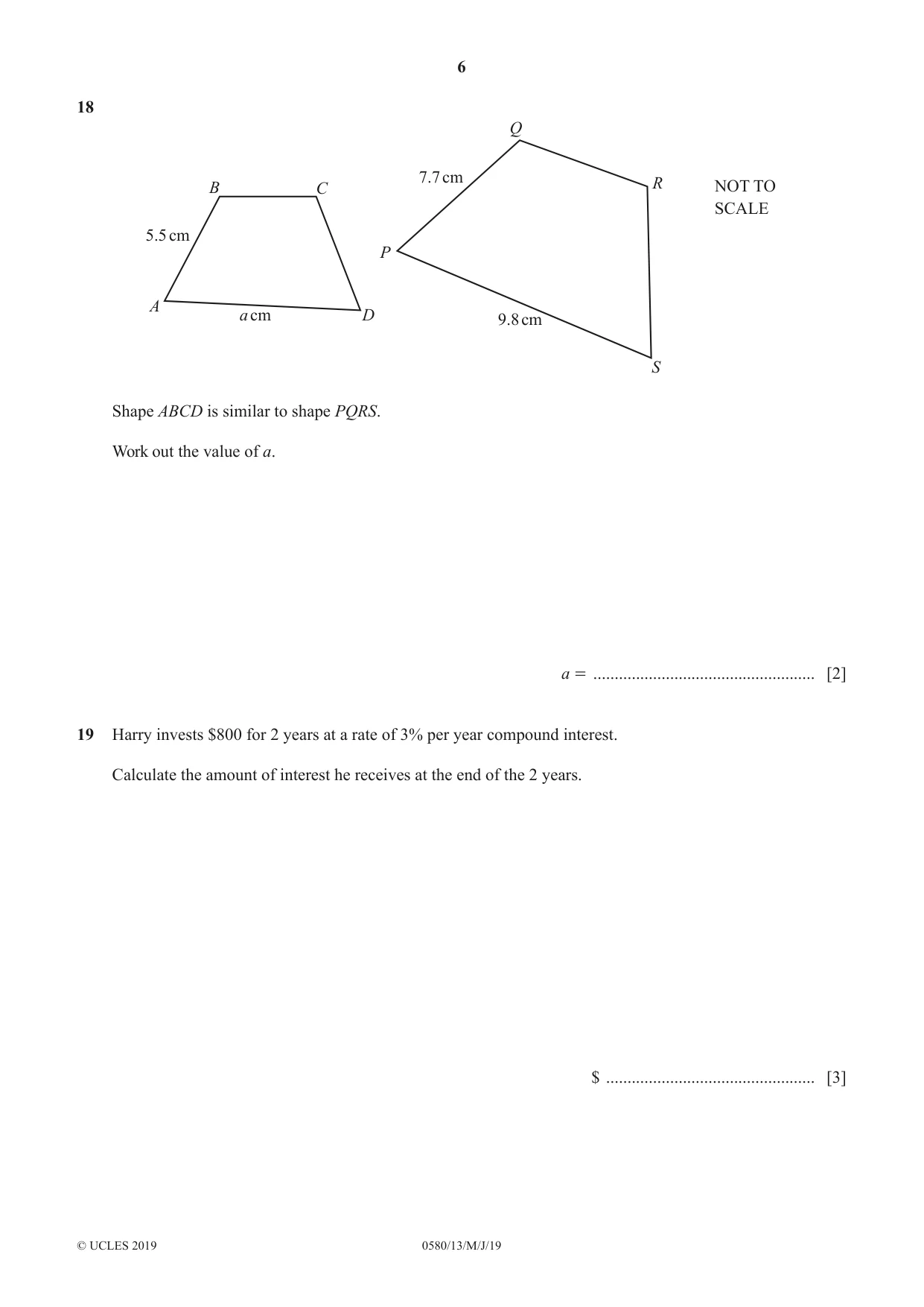 Cambridge IGCSE Mathematics 0580 2019 May/June Paper 1 · Variant 3 question paper, page 6 of 12