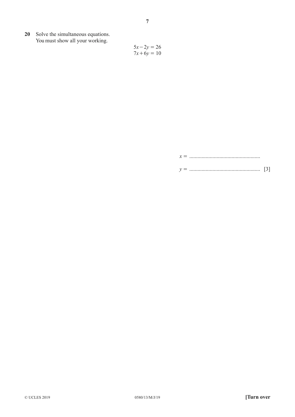Cambridge IGCSE Mathematics 0580 2019 May/June Paper 1 · Variant 3 question paper, page 7 of 12