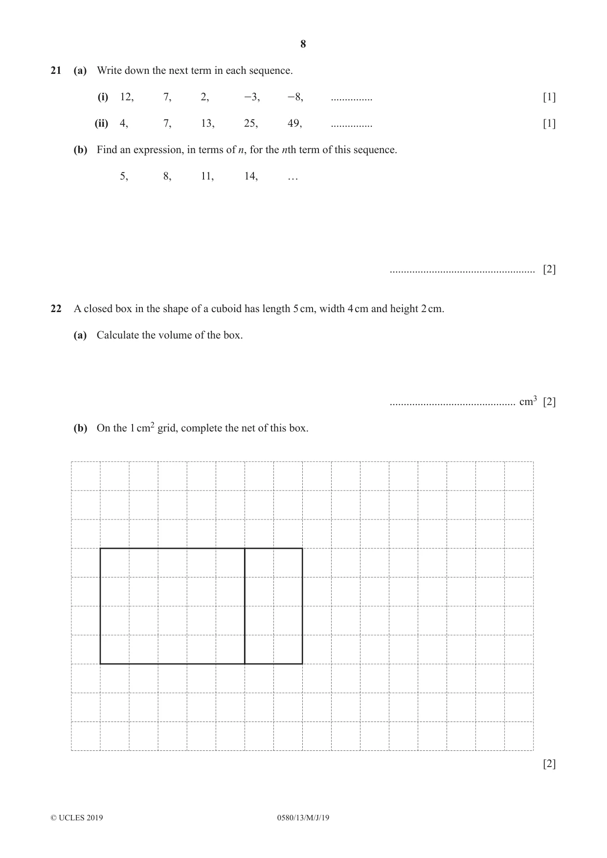 Cambridge IGCSE Mathematics 0580 2019 May/June Paper 1 · Variant 3 question paper, page 8 of 12
