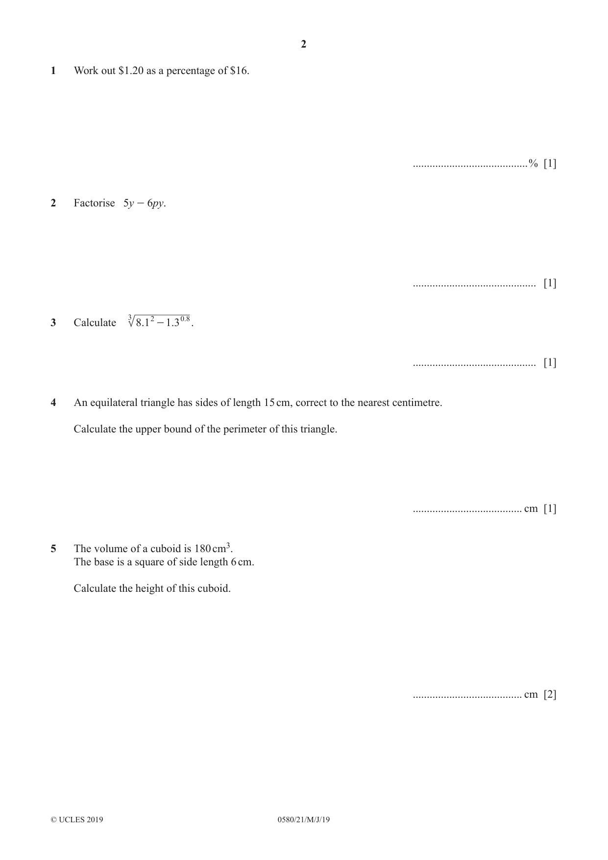 Cambridge IGCSE Mathematics 0580 2019 May/June Paper 2 · Variant 1 question paper, page 2 of 12