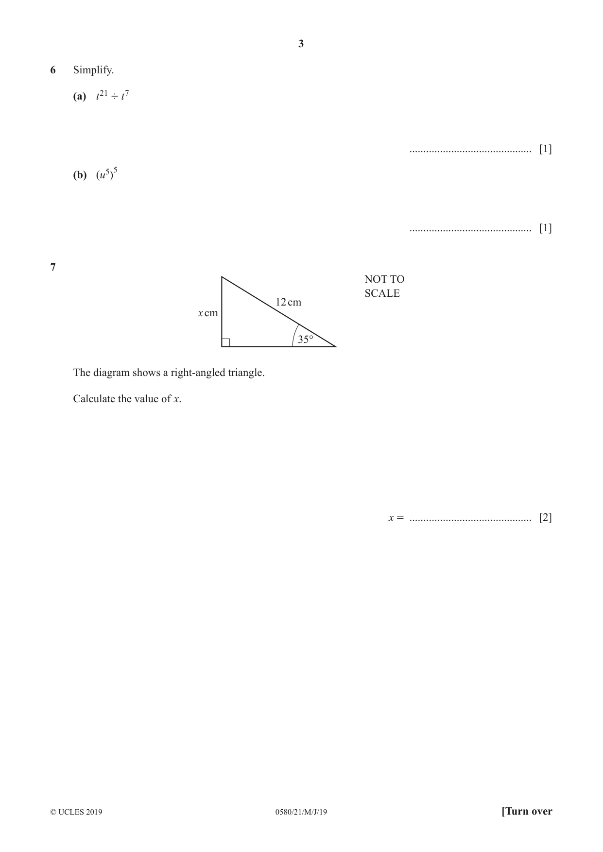 Cambridge IGCSE Mathematics 0580 2019 May/June Paper 2 · Variant 1 question paper, page 3 of 12