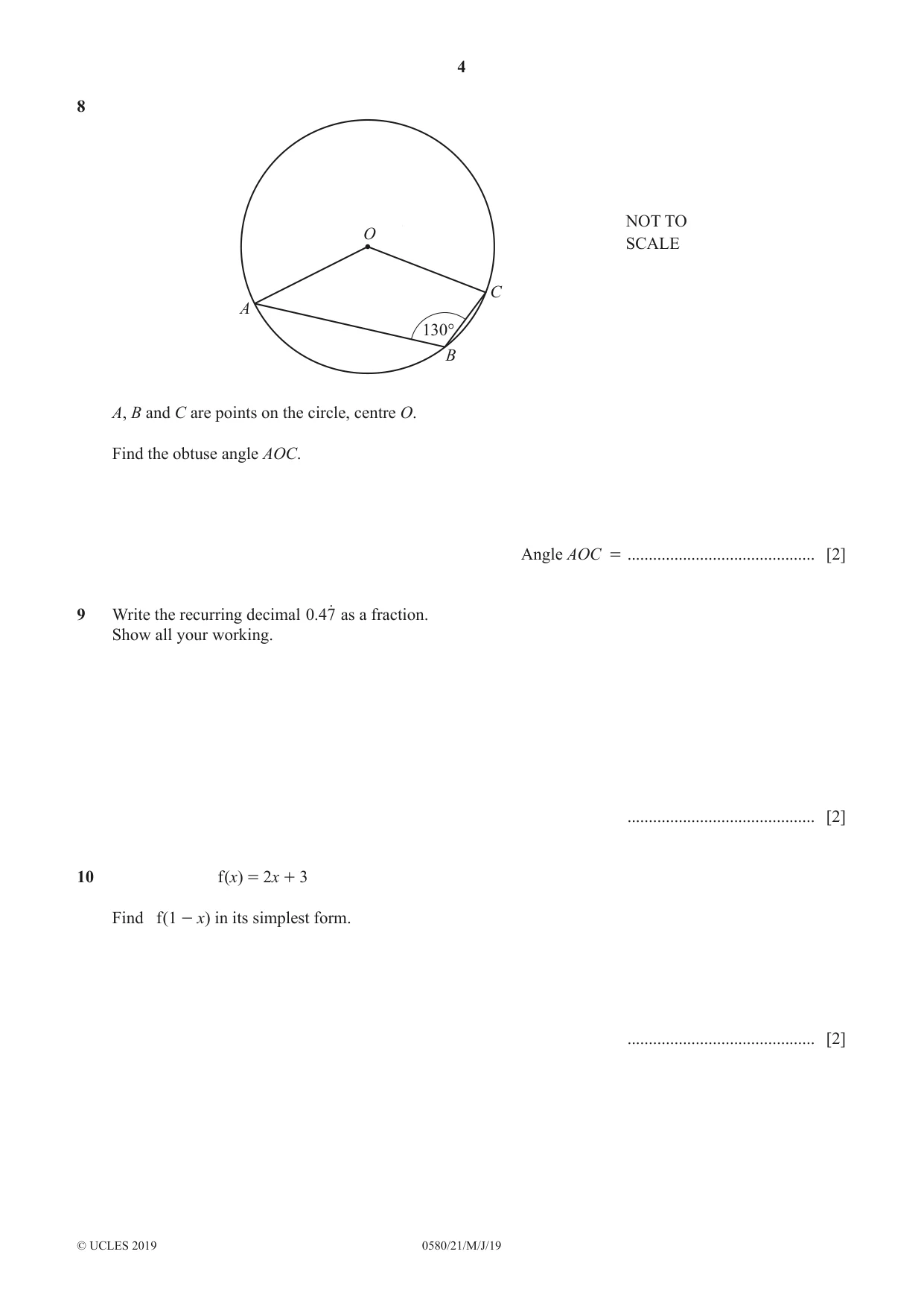 Cambridge IGCSE Mathematics 0580 2019 May/June Paper 2 · Variant 1 question paper, page 4 of 12