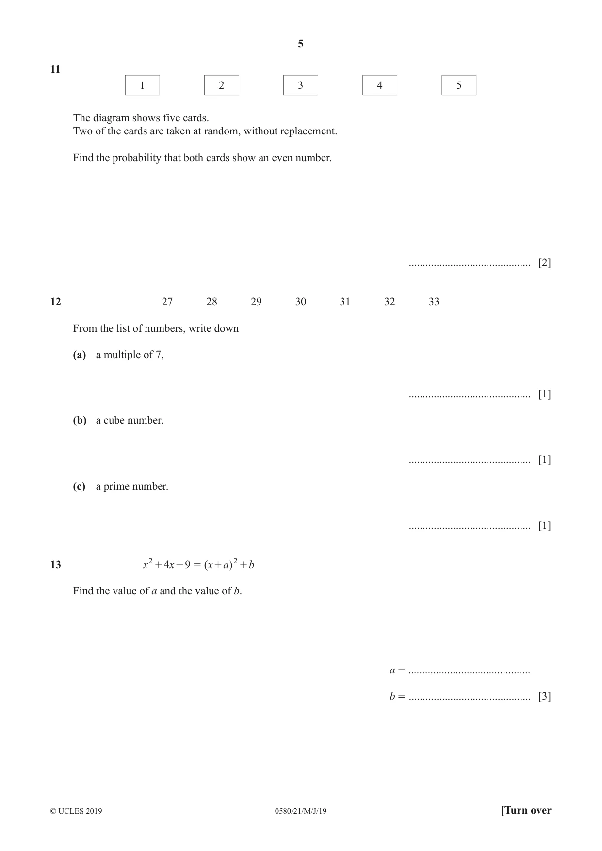 Cambridge IGCSE Mathematics 0580 2019 May/June Paper 2 · Variant 1 question paper, page 5 of 12