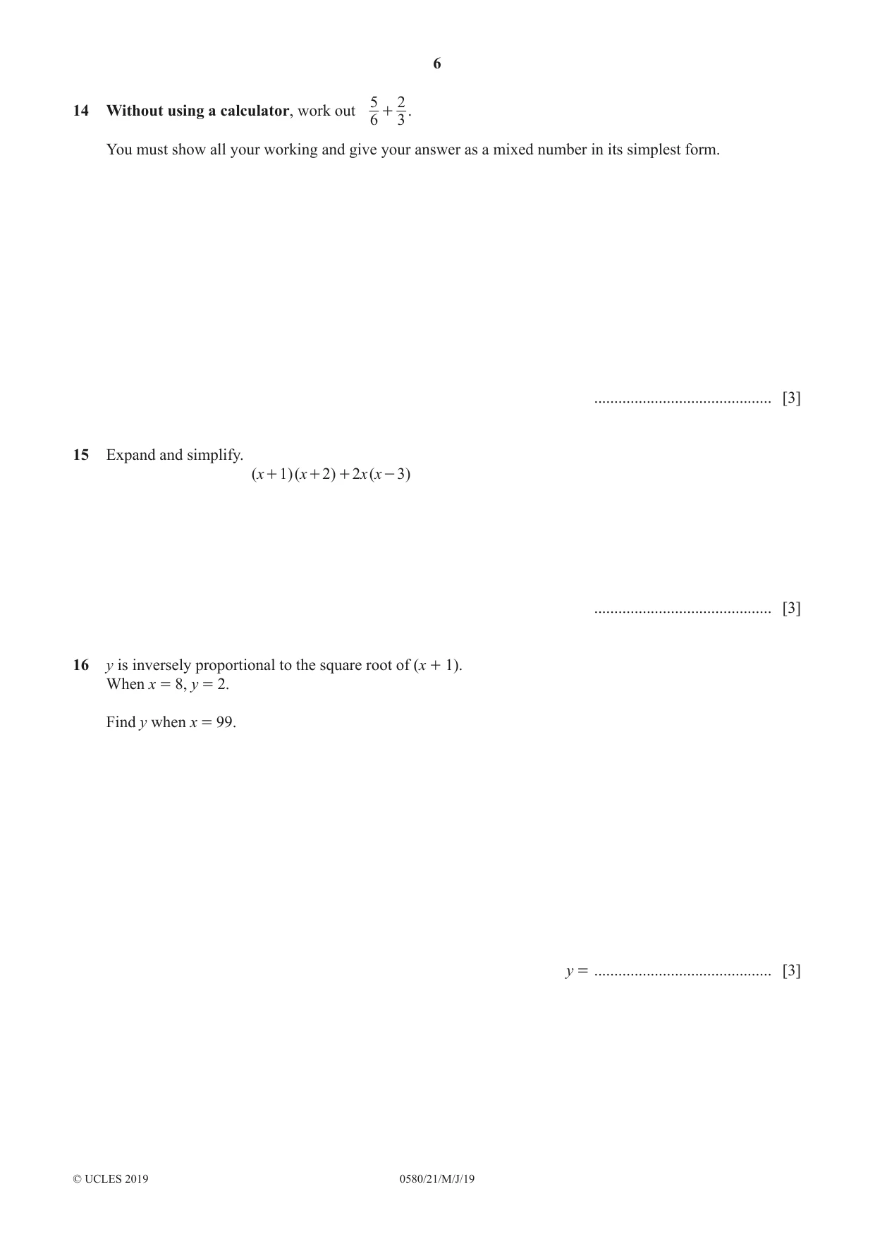 Cambridge IGCSE Mathematics 0580 2019 May/June Paper 2 · Variant 1 question paper, page 6 of 12