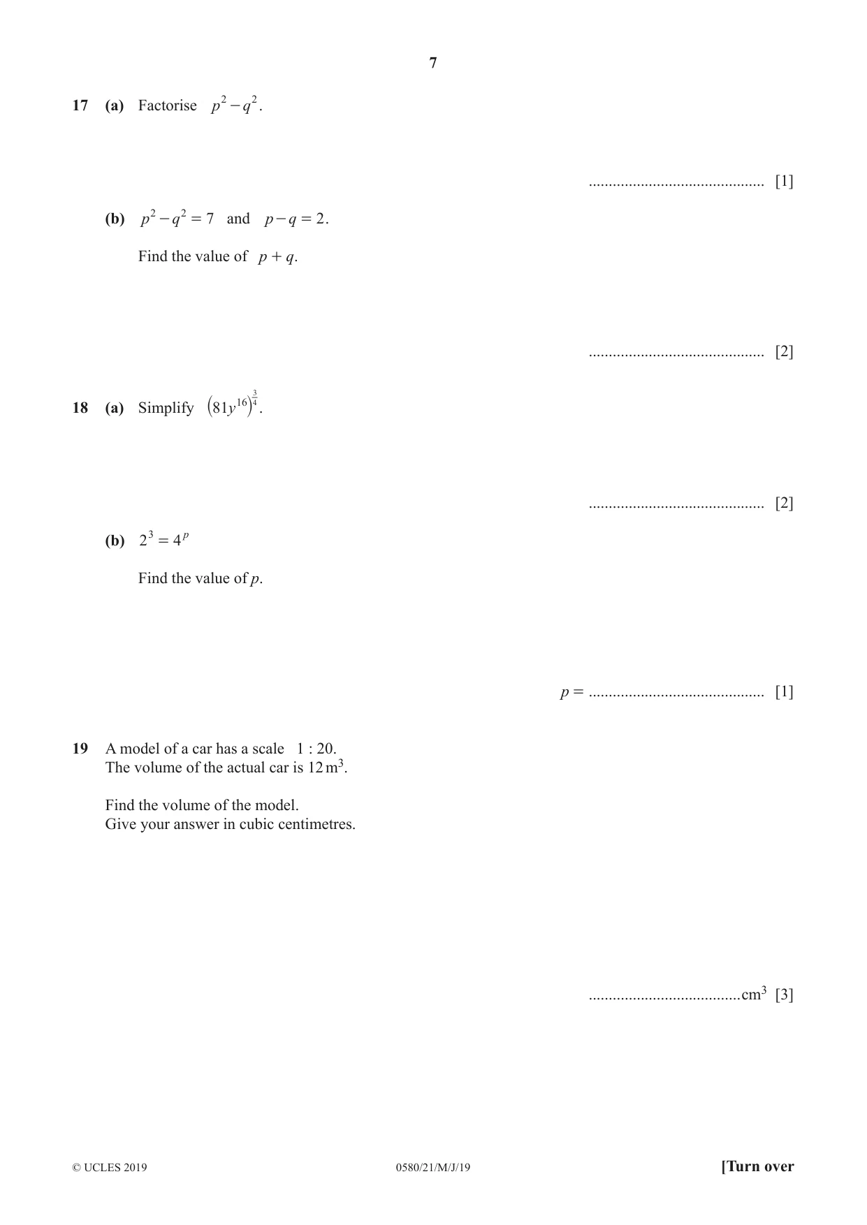Cambridge IGCSE Mathematics 0580 2019 May/June Paper 2 · Variant 1 question paper, page 7 of 12