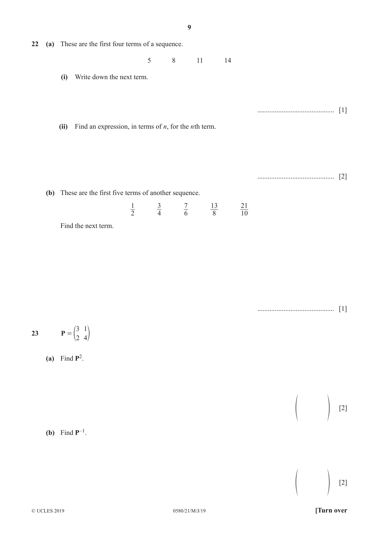 Cambridge IGCSE Mathematics 0580 2019 May/June Paper 2 · Variant 1 question paper, page 9 of 12