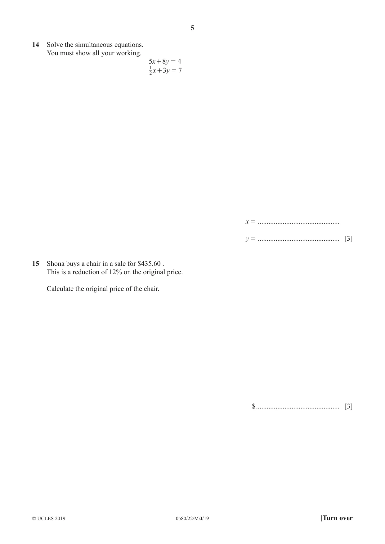 Cambridge IGCSE Mathematics 0580 2019 May/June Paper 2 · Variant 2 question paper, page 5 of 12