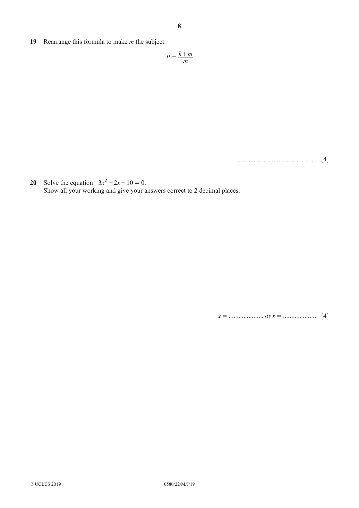 Cambridge IGCSE Mathematics 0580 2019 May/June Paper 2 · Variant 2 question paper, page 8 of 12