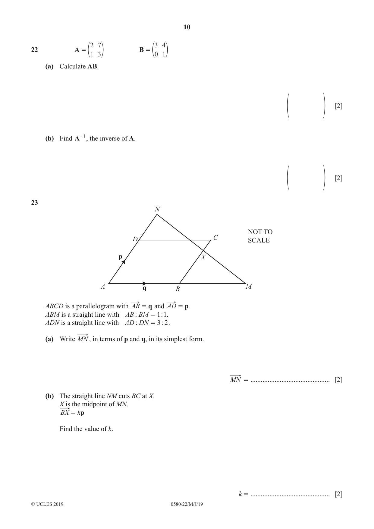 Cambridge IGCSE Mathematics 0580 2019 May/June Paper 2 · Variant 2 question paper, page 10 of 12