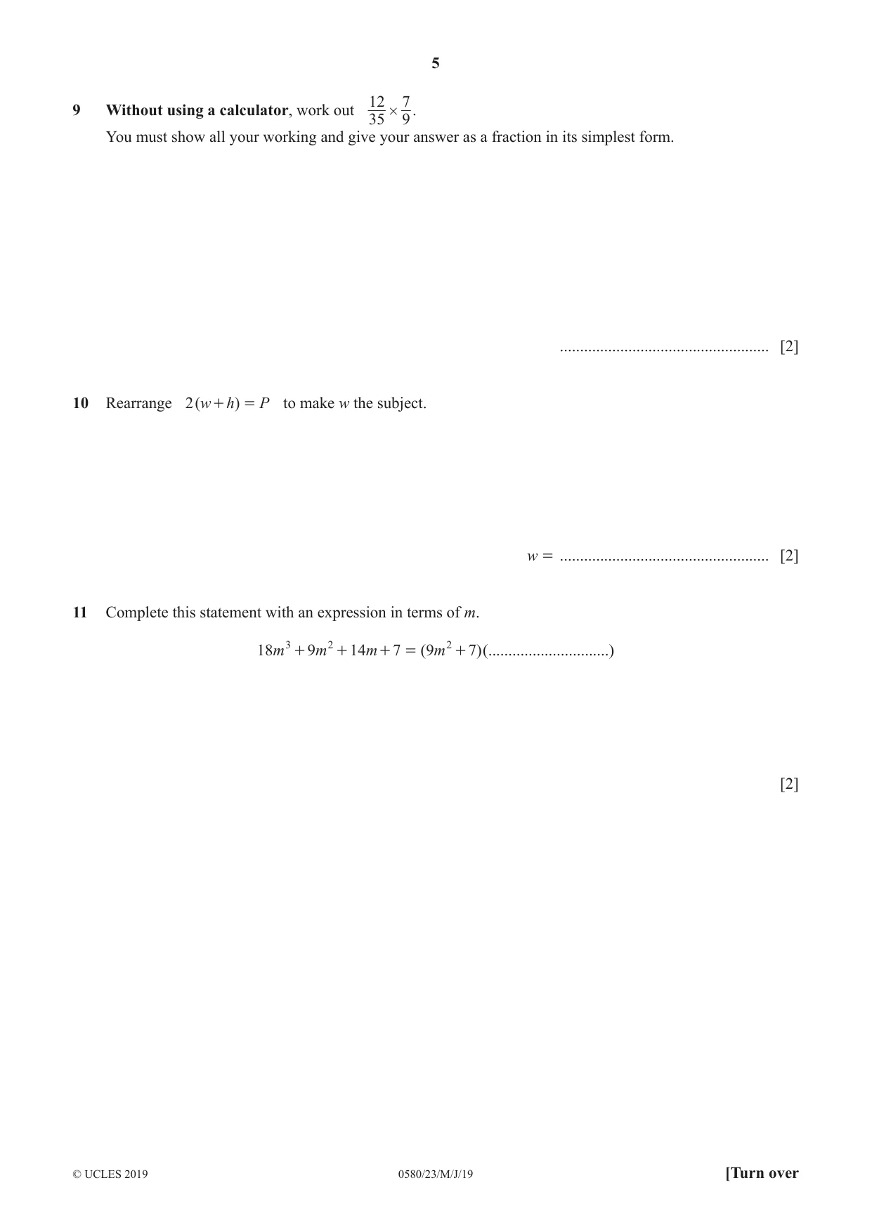Cambridge IGCSE Mathematics 0580 2019 May/June Paper 2 · Variant 3 question paper, page 5 of 16