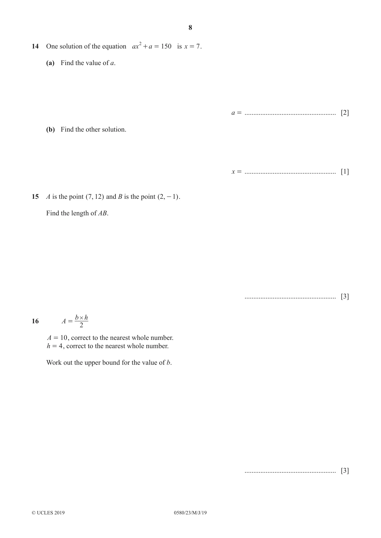 Cambridge IGCSE Mathematics 0580 2019 May/June Paper 2 · Variant 3 question paper, page 8 of 16