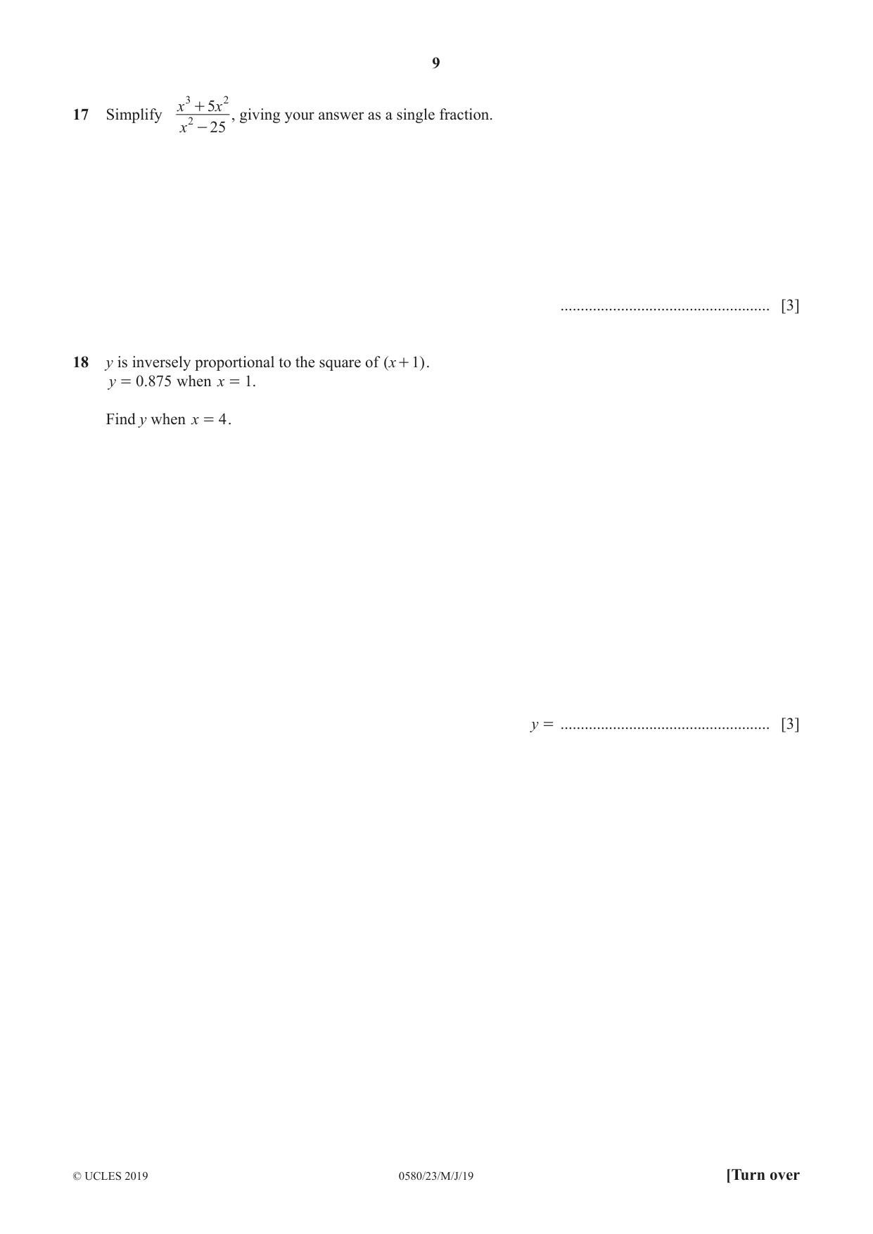 Cambridge IGCSE Mathematics 0580 2019 May/June Paper 2 · Variant 3 question paper, page 9 of 16