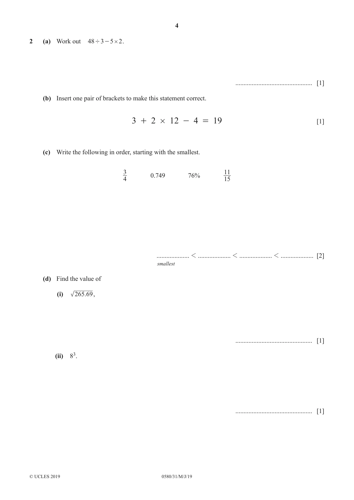Cambridge IGCSE Mathematics 0580 2019 May/June Paper 3 · Variant 1 question paper, page 4 of 16