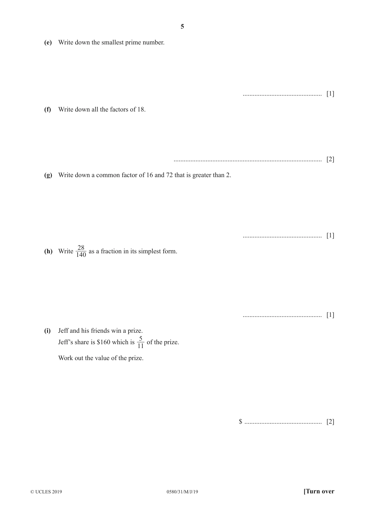 Cambridge IGCSE Mathematics 0580 2019 May/June Paper 3 · Variant 1 question paper, page 5 of 16
